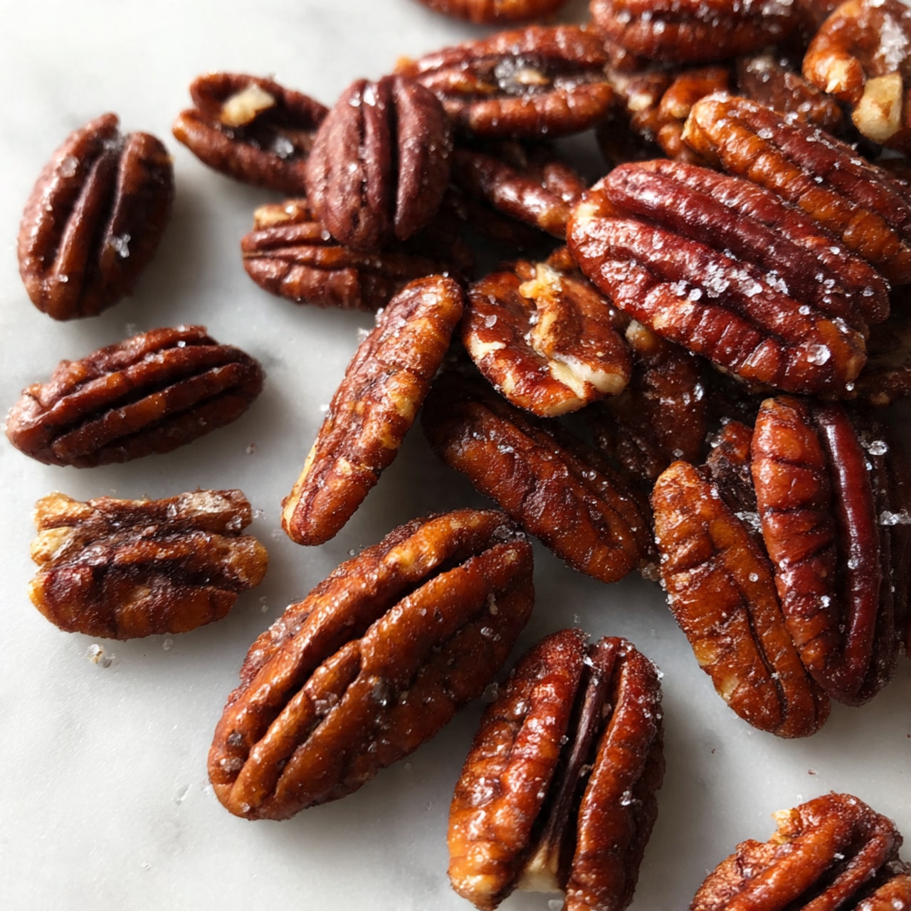 The image shows a close-up view of many roasted pecans spread out on a white marbled surface. The pecans have a rich brown color with shiny textures indicating they are roasted, and some pieces have fine salt crystals sprinkled on top. The nuts are unevenly scattered, showcasing the natural rough shape and groove details of each pecan. The lighting highlights the glossy and crunchy appearance, adding depth to the image. photo taken with an iphone --ar 4:5 --v 7