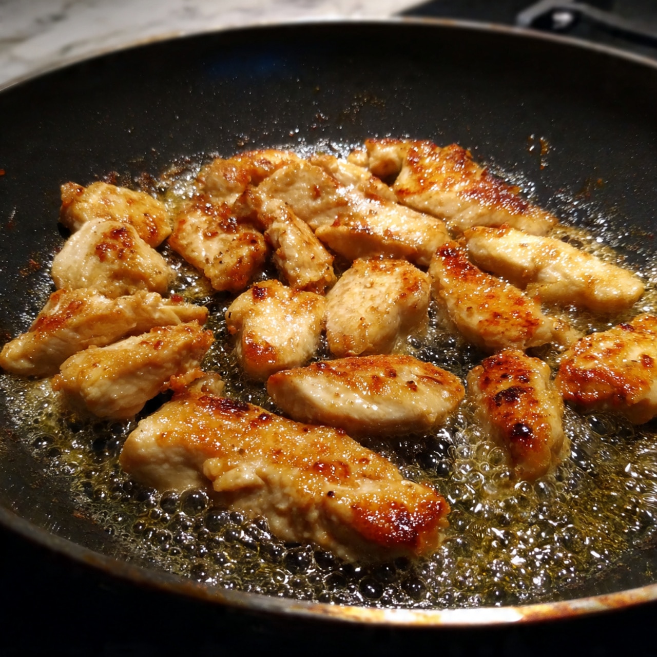 Thin slices of light brown cooked chicken lie scattered in the center of a large dark metal pan, with small bubbles of oil sizzling around them, showing some parts browned and slightly crispy. The chicken pieces have a slightly uneven texture and are spread in an irregular shape, while the pan surface shows signs of use and heat with a rough, darkened texture. The background is a white marbled texture photo taken with an iphone --ar 4:5 --v 7