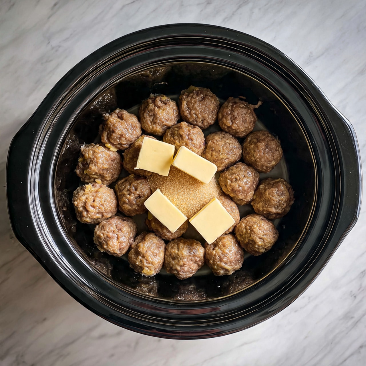 Inside a black slow cooker, there is one layer of many small, round, light brown meatballs covering the bottom. On top of these meatballs, there are two rectangular pieces of yellow butter and a pile of light brown sugar in the middle. The slow cooker is set on a surface with a white marbled texture. photo taken with an iphone --ar 4:5 --v 7