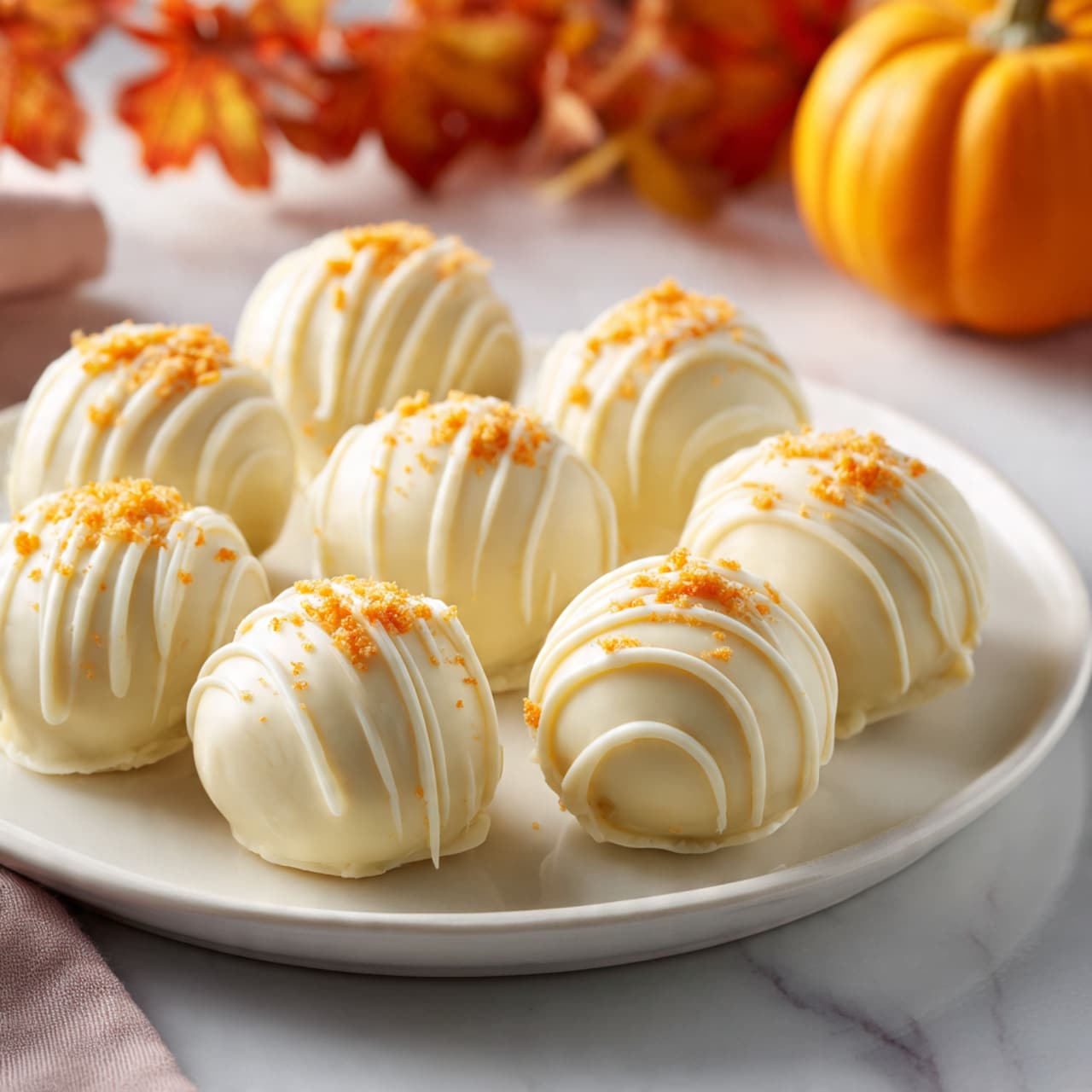 A white plate holds about nine round truffles, each smooth and coated in white chocolate. Each truffle is decorated on top with thin, wavy white chocolate lines creating a layered texture. On top of these lines lie a sprinkle of fine orange crumbs, adding a pop of color to the soft white surface. The plate is set on a white marbled surface, with a blurry pumpkin in the background adding a warm orange tone to the image. photo taken with an iphone --ar 4:5 --v 7