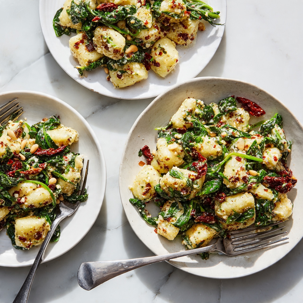 The image shows three white plates on a white marbled surface, each holding a serving of golden brown gnocchi mixed with bright green sautéed spinach, small chunks of white creamy cheese, and bits of red sun-dried tomatoes. The gnocchi pieces are slightly crispy with a textured surface. The cheese is scattered unevenly, soft-looking with a bit of crumbly texture, while the spinach adds a fresh and leafy contrast. Pine nuts are sprinkled throughout the dish for added texture. Each plate has a shiny silver fork resting on or near the food, adding a reflective metallic element to the composition. The scene is bright and clean, with natural light highlighting the details of the ingredients photo taken with an iphone --ar 4:5 --v 7