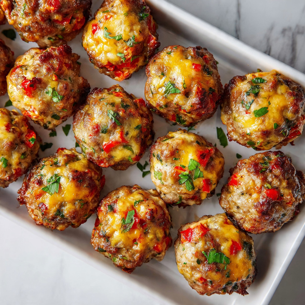 The image shows many small round meatballs arranged neatly on a white tray, each meatball having visible bits of red pepper and herbs mixed in. The meatballs have a mix of browned and golden colors on the outside with melted yellow and white cheese on top, giving them a slightly shiny and juicy look. The tray is set on a white marbled surface that adds to the clean and fresh presentation. The overall look is warm and appetizing, showing the detailed texture of the meat and cheese clearly. photo taken with an iphone --ar 4:5 --v 7