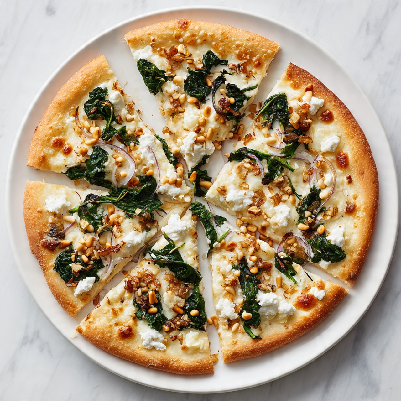 A round pizza cut into six slices on a white plate, placed on a white marbled surface. The pizza has a thin, light golden crust with small browned cheese spots around the edge. The base layer is white cheese spread evenly, topped with cooked dark green spinach leaves scattered across the pizza. Light yellow pine nuts are sprinkled over the top, adding texture and contrast to the leafy greens and cheese. The pizza looks fresh and light, with some pine nuts falling on the marble surface near the plate. Photo taken with an iphone --ar 4:5 --v 7