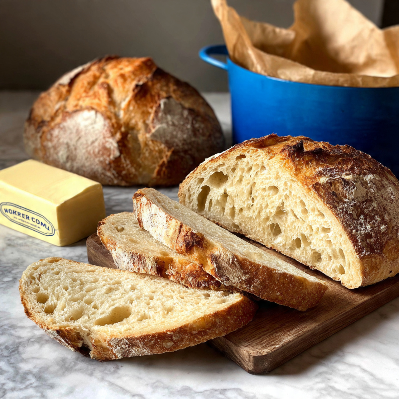 A loaf of homemade bread is sliced into five thick pieces and placed on a wooden board. The bread has a golden-brown crust that looks crisp, with a soft, light beige inside that shows small air holes. The board sits on a white cloth with a blue grid pattern. Next to the bread, there is a partially opened package of pale yellow butter. In the background, a bright blue pot lined with white parchment paper is partly visible, all set on a white marbled surface. photo taken with an iphone --ar 4:5 --v 7