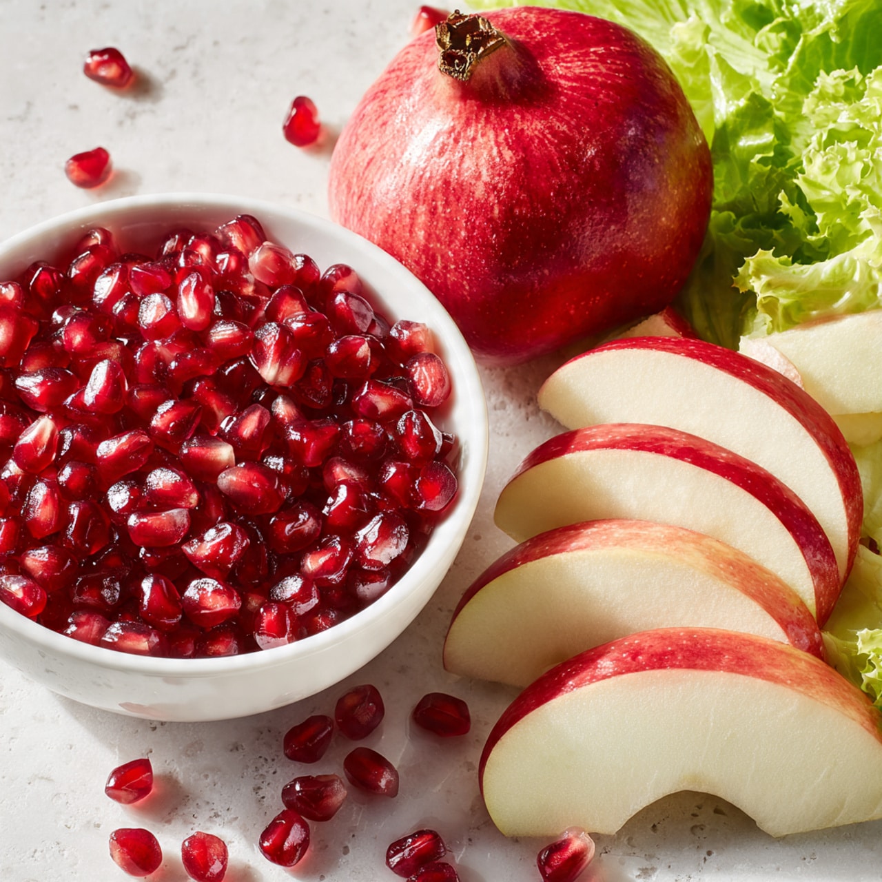 The image shows a close-up arrangement of a fresh fruit and salad setup on a white marbled surface. On the right side, there is a white bowl filled with bright, shiny red pomegranate seeds and an open pomegranate piece with deep red seeds. Next to it, to the left, is a row of thin apple slices with red skin and white flesh, arranged in a curved line. Behind the apples, there is a bunch of fresh green frilly lettuce adding height and texture to the scene. Some pomegranate seeds and green leaves are scattered around the bowl and apples on the surface, giving a natural and fresh look. Photo taken with an iphone --ar 4:5 --v 7
