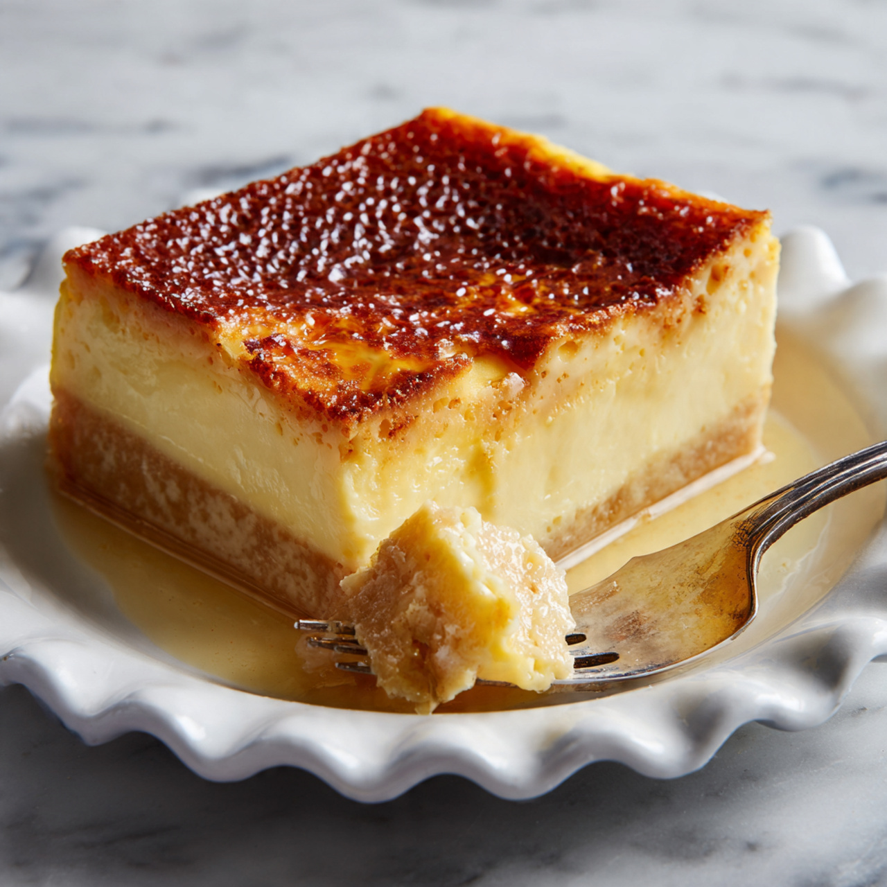 The image shows a thick slice of custard pie with a golden-brown top crust and a creamy, pale yellow bottom layer. The top crust has a rough, crumbly texture with some small cracks, while the bottom layer looks smooth and soft with a few tiny textured spots. The slice is placed on a white plate with a scalloped edge, set on a white marbled surface. A close-up fork holding a piece of the creamy bottom layer with bits of the crust is placed in front of the slice. Photo taken with an iphone --ar 4:5 --v 7