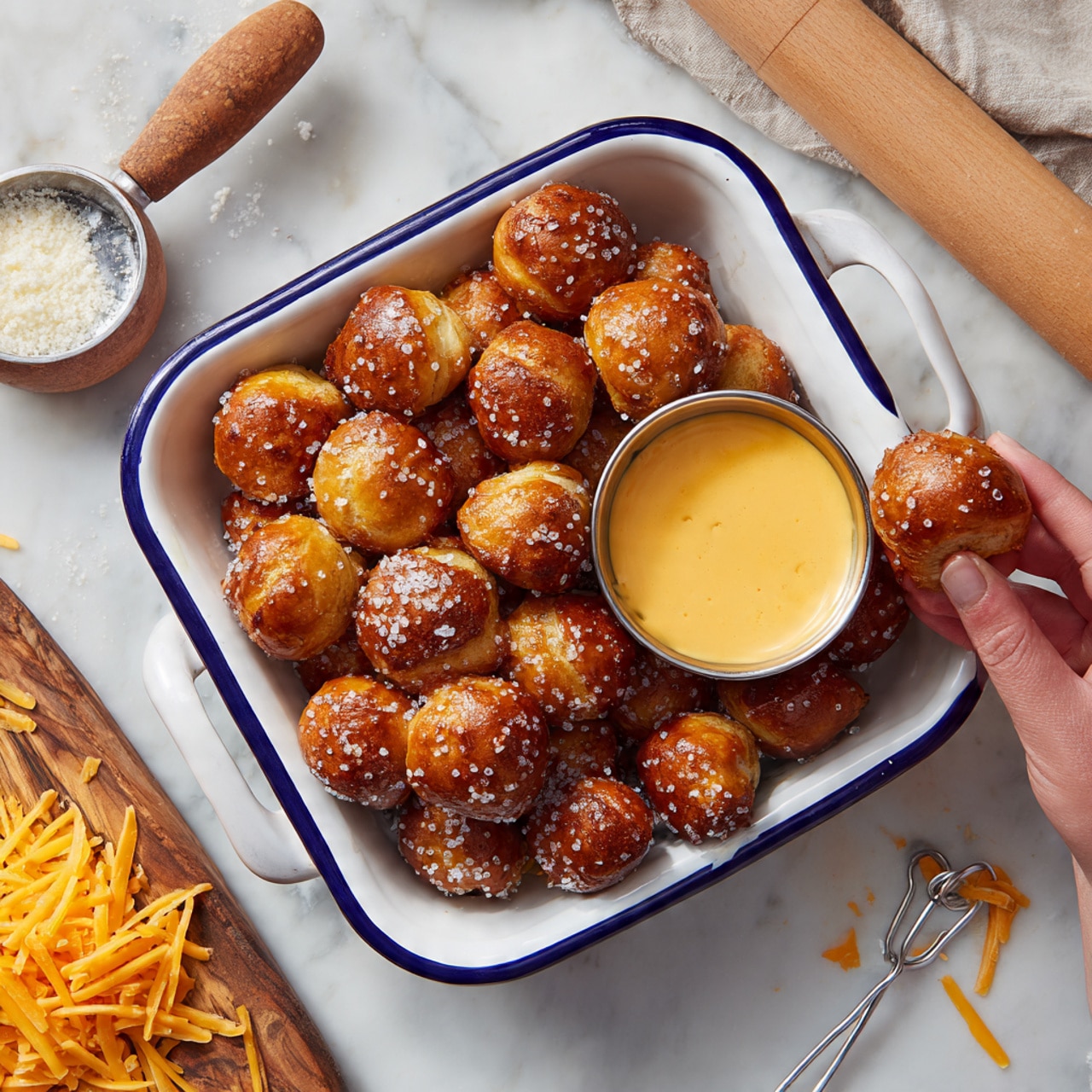 A white square dish with a dark blue rim filled with many small, golden brown pretzel bites, each showing a soft texture with a shiny, salted surface. In the dish, near the top center, there is a small metal cup holding a smooth, creamy orange cheese sauce. A woman's hand reaches from the left side, picking up one pretzel bite, highlighting its slightly crisp outside. Surrounding the dish is a white marbled surface, with a wooden rolling pin on the right, a metal scoop filled with white flour near the bottom right, and a wooden board with shredded yellow cheddar cheese at the top left. Photo taken with an iphone --ar 4:5 --v 7