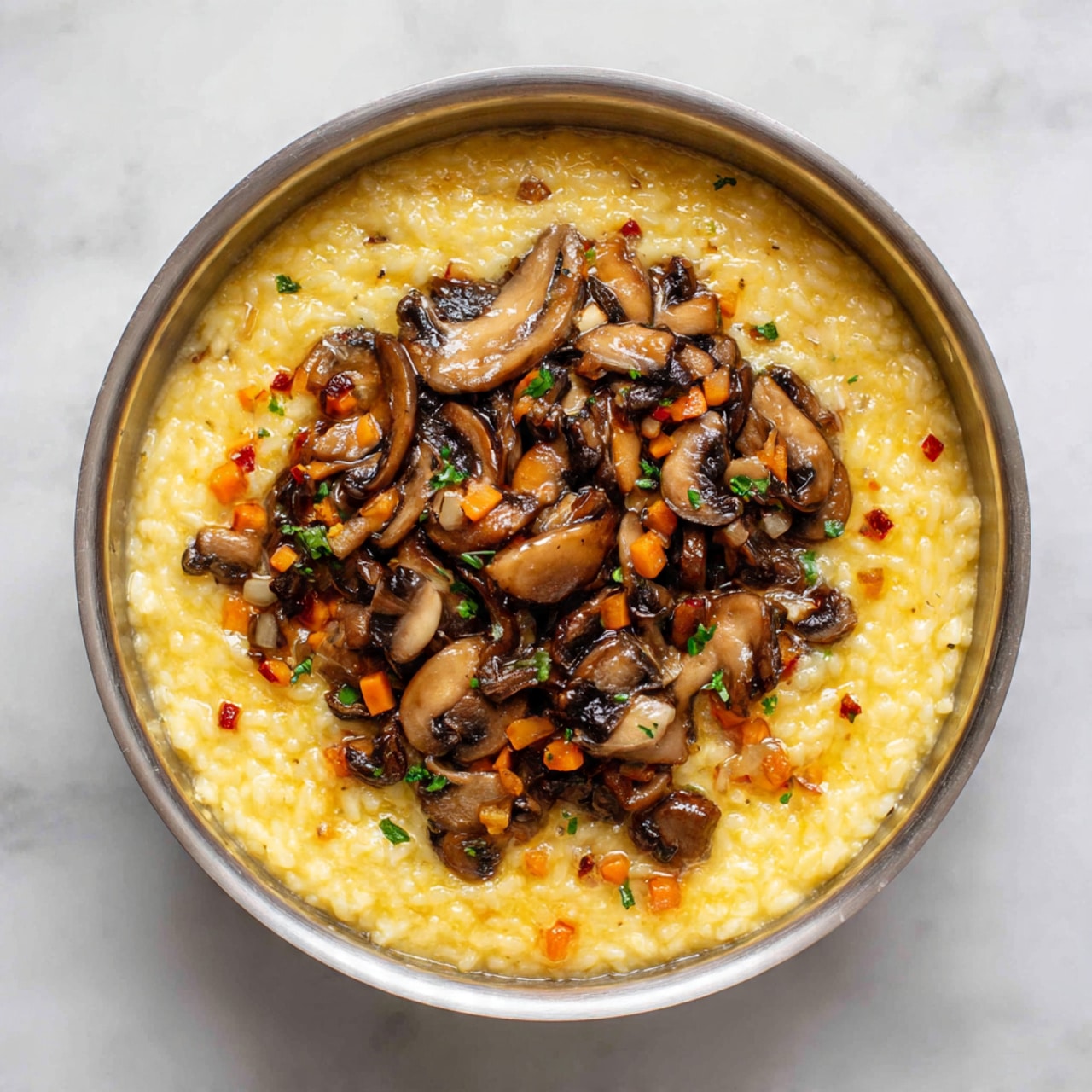 A pan filled with creamy yellow risotto that has visible grains of rice and small bits of herbs and red pepper spread evenly as the first layer, topped in the center with a thick pile of cooked sliced mushrooms that are brown with a shiny, slightly oily texture, mixed with small pieces of diced orange carrot. The pan sits on a white marbled surface, and the mushrooms create a distinct, textured mound of earthy colors on the soft and smooth yellow risotto below. Photo taken with an iphone --ar 4:5 --v 7