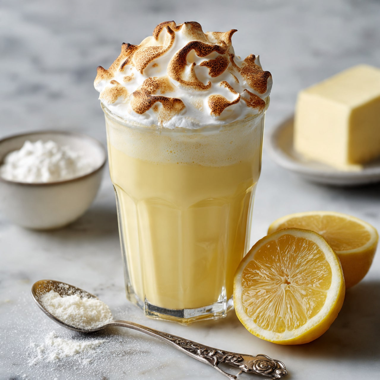 A tall clear glass filled with a smooth, creamy yellow layer at the bottom, topped with a thick, fluffy white layer of toasted meringue that has dark brown spots from caramelization and rises above the rim of the glass. The glass sits on a white marbled surface with a vintage ornate silver spoon dusted with powder in front of it. To the right, there are two halves of a bright yellow lemon, and in the blurred background, a small white bowl filled with white grated substance and a block of pale butter on a wooden board are visible. Photo taken with an iphone --ar 4:5 --v 7
