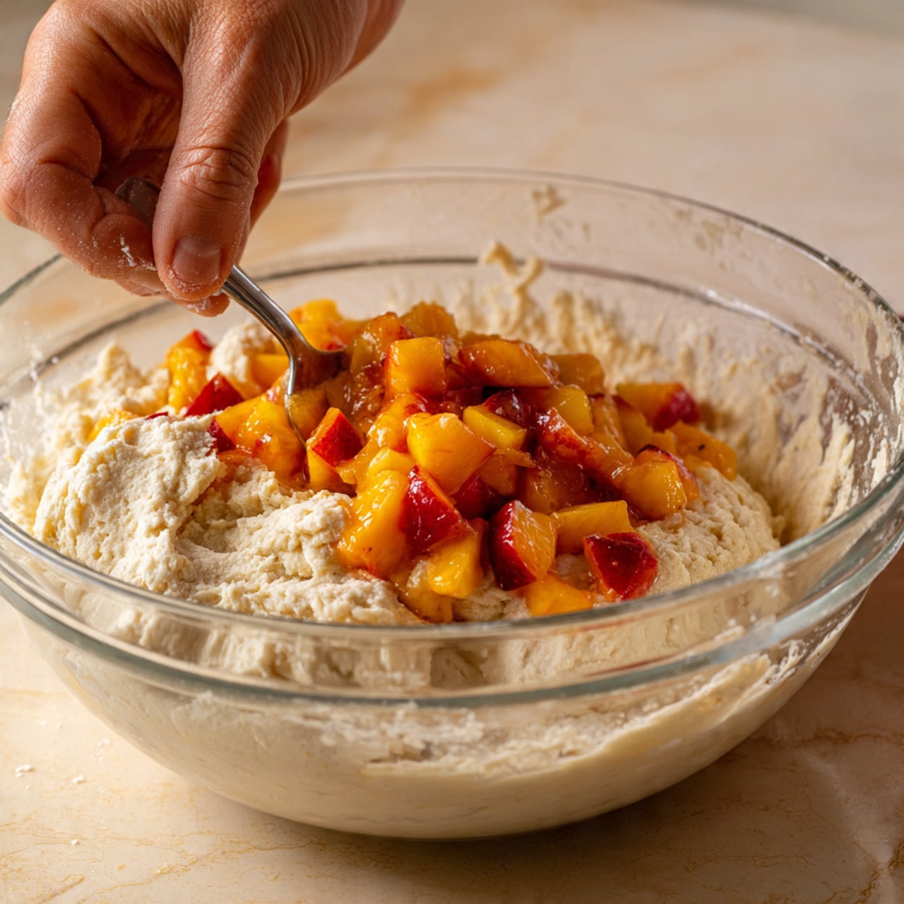 A clear glass bowl on a white marbled surface contains a thick light beige dough with small orange-red diced fruit pieces mixed on top, likely peaches or nectarines. A woman's hand holds a metal spoon, stirring the fruit into the dough. The diced fruit pieces are small, uniformly cut cubes with a shiny, moist texture. The dough beneath looks soft and slightly sticky, and the bowl's interior has some dough residue stuck on its sides. Photo taken with an iphone --ar 4:5 --v 7