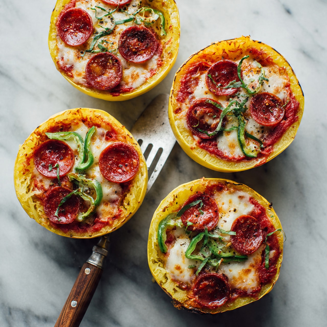 The image shows six small round pizzas arranged in two rows of three on a well-used metal baking tray lined with white parchment paper. Each pizza has a golden yellow, slightly thick crust forming a cup shape holding the toppings. On top of the base, there is a layer of red tomato sauce spread evenly. Above the sauce, sliced pepperoni pieces with a rich red-brown color form another layer along with thin green bell pepper strips scattered on each pizza. Shredded melted white cheese is spread lightly on the top, with some small white grated bits sprinkled over it. A woman's hand is holding a small spatula under one pizza at the bottom left corner. The baking tray is placed on a white marbled surface. photo taken with an iphone --ar 4:5 --v 7