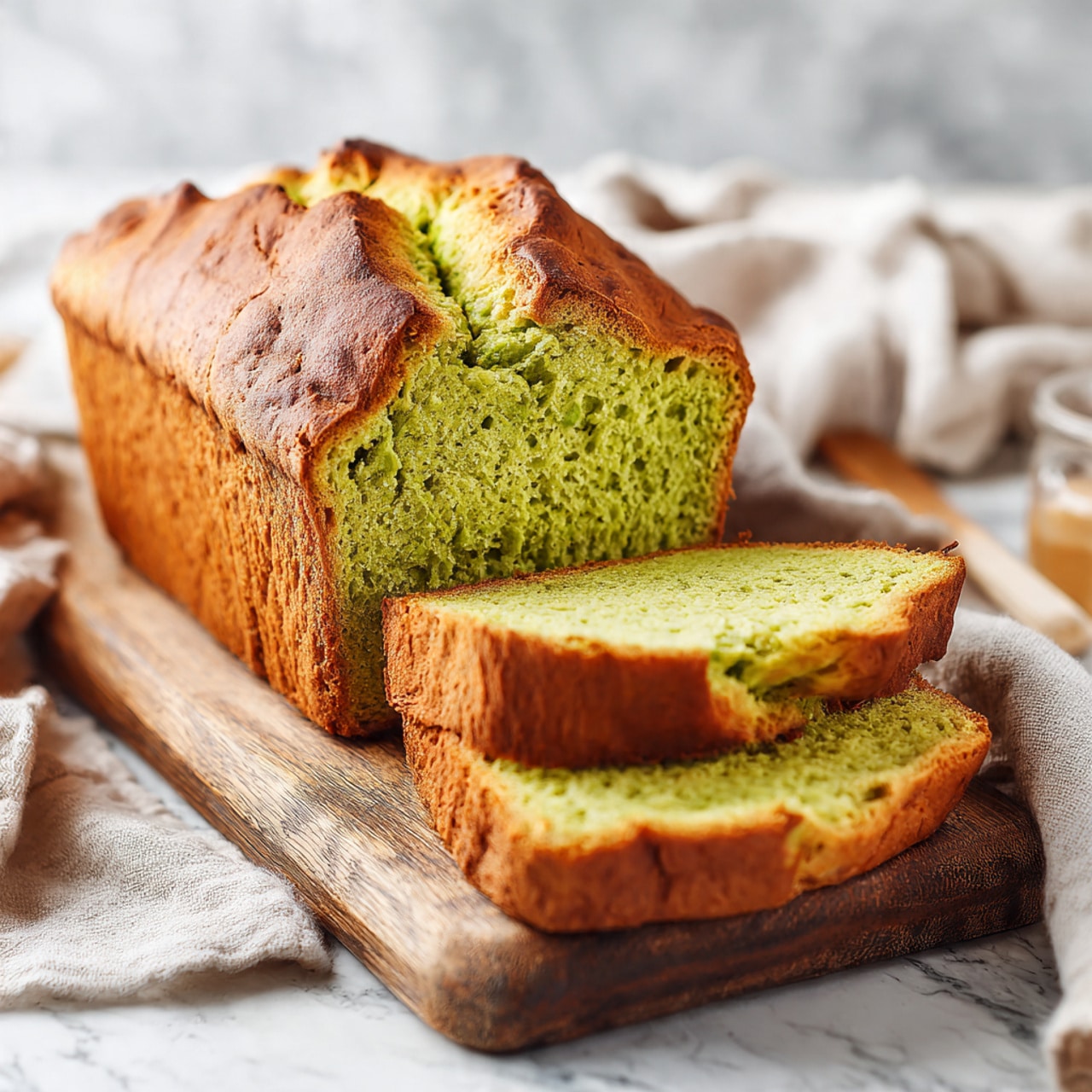 A close-up image of a loaf of green-colored bread with a soft, airy texture inside and a golden brown crust on the outside. The loaf is shown cut in half, placed on a wooden board, highlighting the bright green crumb which is evenly dotted with small holes. The crust top has a split, giving a rustic look with darker toasted edges. The background is softly blurred to keep focus on the bread, placed on a white marbled texture. photo taken with an iphone --ar 4:5 --v 7