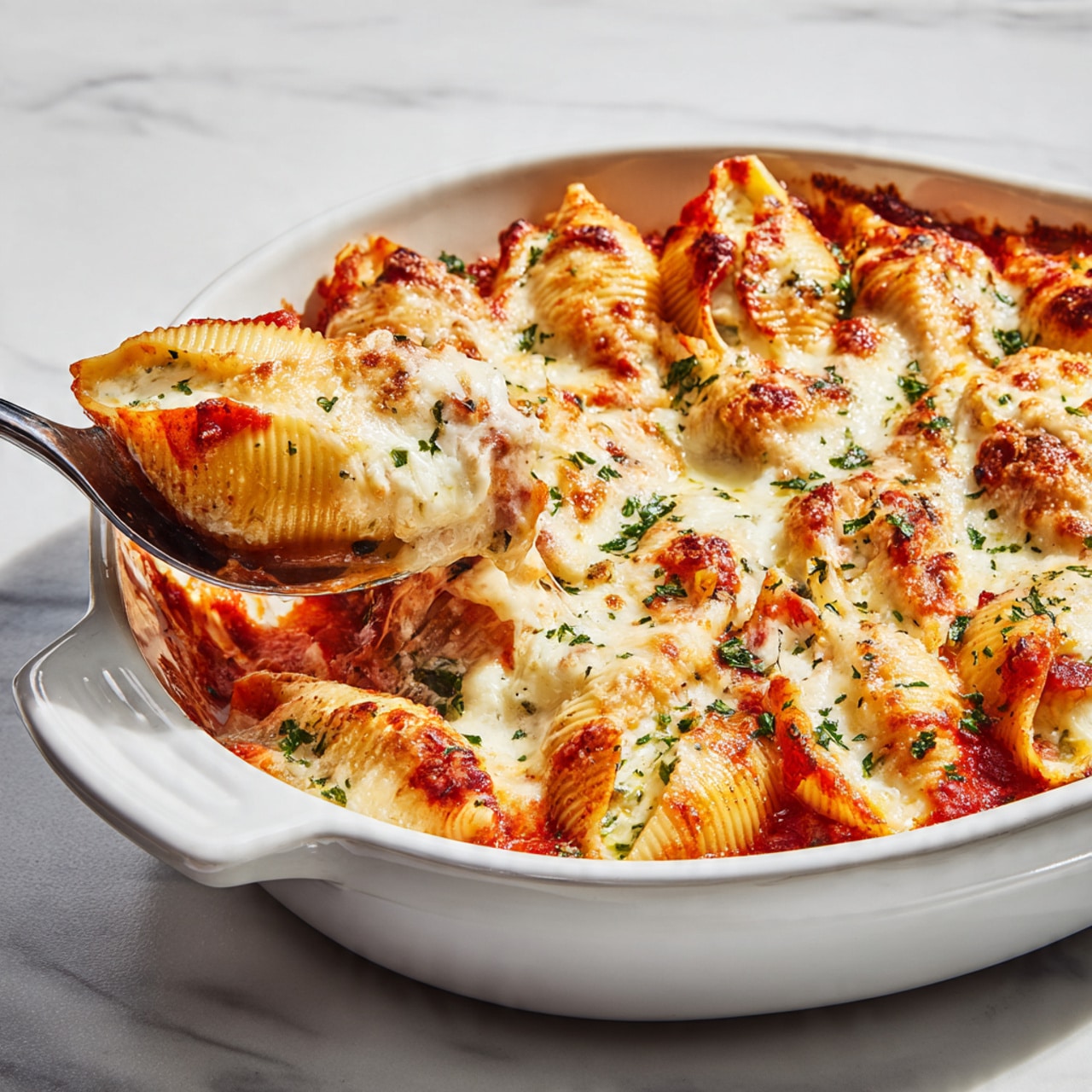 The image shows a white dish filled with large pasta shells baked with layers of melted cheese and tomato sauce. Each shell is generously covered with a layer of melted, bubbly white cheese that is slightly browned on top, with red tomato sauce peeking through. The shells are arranged closely together, creating a textured, colorful pattern of creamy white cheese, bright red sauce, and a sprinkle of green herbs on top. A metal spoon is lifting one pasta shell, highlighting the gooey cheese and sauce inside. The dish rests on a surface with a white marbled texture. photo taken with an iphone --ar 4:5 --v 7