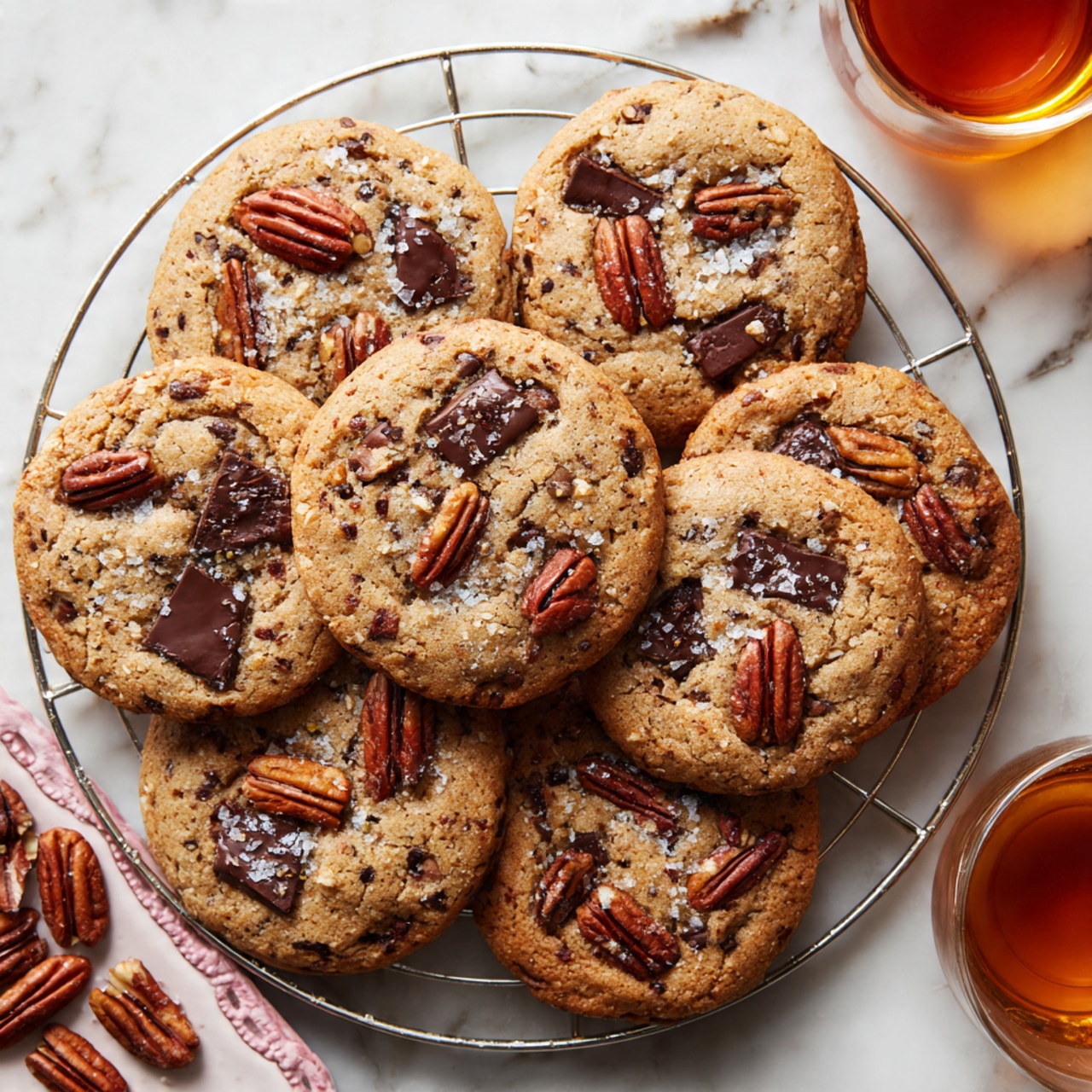 A group of soft, thick cookies with a light brown color, placed close together on a metal cooling rack over a white marbled surface. Each cookie has melted dark brown chocolate chunks spread unevenly inside, some slightly sunken into the dough. Whole and halved pecans with a shiny, rich brown texture sit on top of the cookies, adding detail and contrast. Light sea salt flakes are sprinkled across the cookies, giving a sparkling texture. In the corner, there is part of a white plate decorated with pink and gold edges, holding extra pecans. A glass cup with amber tea or a similar drink is partially visible at the top left. Photo taken with an iphone --ar 4:5 --v 7
