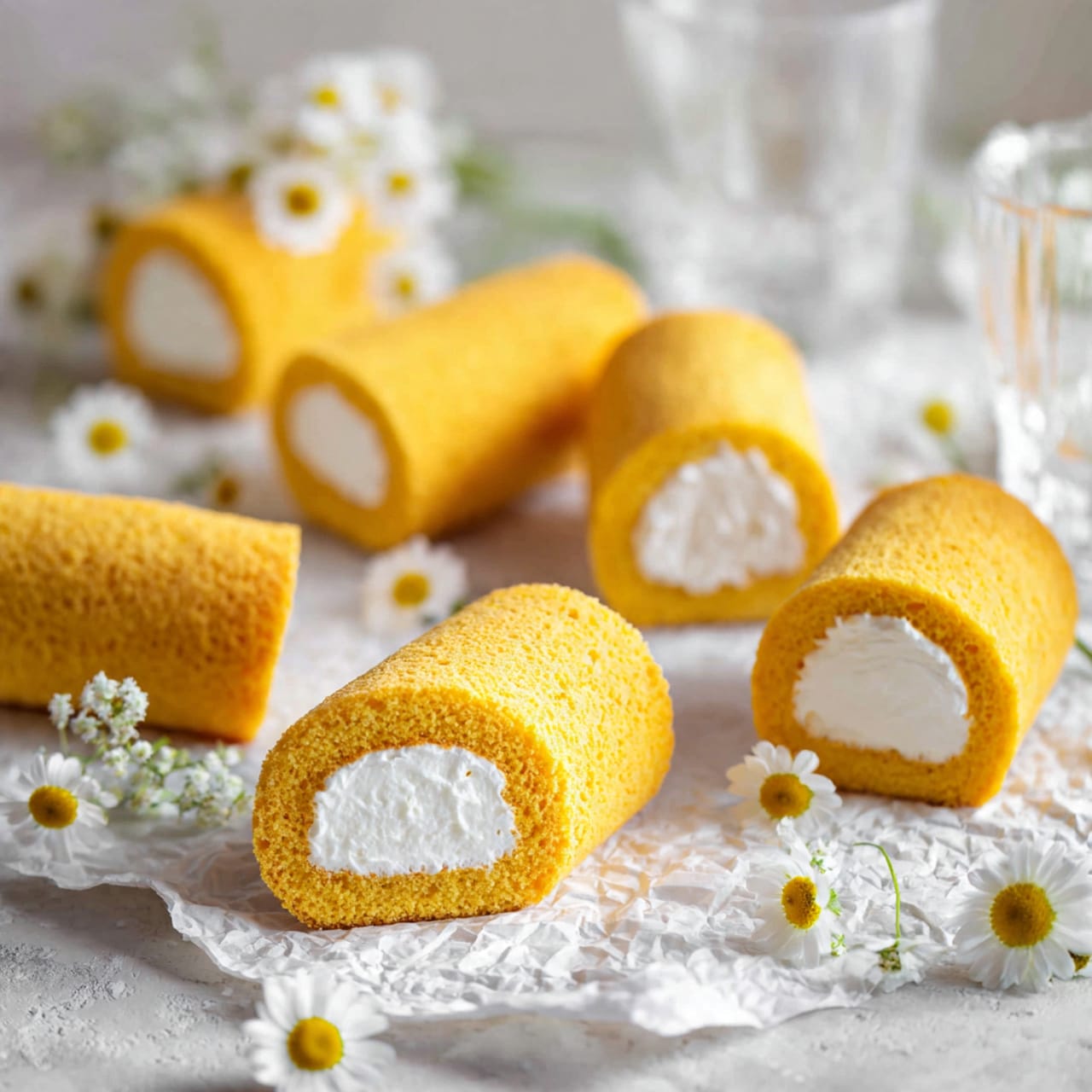 The image shows several small yellow sponge cakes, each shaped like a rounded rectangle. One of the cakes in the front has a bite taken out, revealing a soft white cream filling inside with a fluffy texture. The cakes rest on a crinkled piece of white parchment paper that sits on a white marbled surface. Small white daisy-like flowers with yellow centers are scattered around the cakes, adding a fresh and delicate touch. The background is softly blurred and light, keeping the focus on the cakes. Photo taken with an iphone --ar 4:5 --v 7