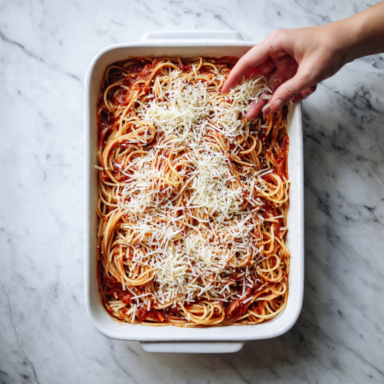 A white rectangular dish filled with a layer of cooked spaghetti mixed with chunks of red tomato sauce covering the bottom and middle. The top half of the dish is being sprinkled with shredded white cheese by a woman's hand from above, creating a soft, uneven layer of cheese over the pasta. The white marbled surface underneath adds a clean, bright feel to the scene. Photo taken with an iphone --ar 4:5 --v 7