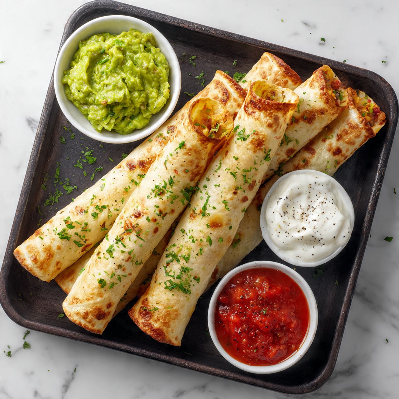 The image shows five golden-brown rolled tortillas filled with a shredded filling, laid out on a dark metal baking tray. Each roll is garnished with small green herb flakes scattered on top. The tray also holds three small white bowls with different dips: one with chunky green guacamole, one with smooth white sour cream sprinkled lightly with black pepper, and one with bright red salsa. The background surface is a white marbled texture, giving a clean and fresh look. photo taken with an iphone --ar 4:5 --v 7