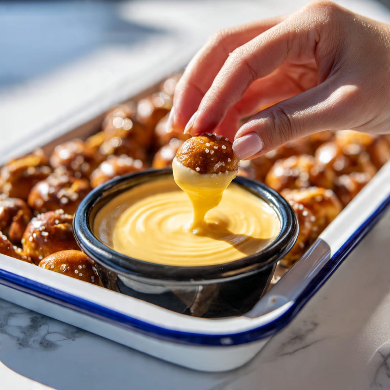 A woman's hand is holding a small, golden-brown pretzel bite that is being dipped into a round, black bowl filled with smooth and creamy yellow cheese sauce. The bowl sits inside a white rectangular tray with a blue rim, which is filled with more pretzel bites arranged in rows, all showing a shiny, toasted texture. The tray rests on a white marbled surface, creating a clean and bright background scene. photo taken with an iphone --ar 4:5 --v 7
