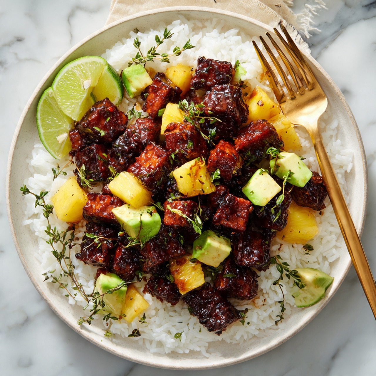 The dish is presented on a white plate placed on a white marbled surface, consisting of a base layer of white rice covering the entire plate. On top of the rice are several pieces of dark brown glazed tempeh, arranged irregularly and showing a shiny texture. Scattered around and on the tempeh are small yellow pineapple cubes and green avocado chunks, adding bright color contrast. Fresh green herbs are sprinkled over the dish, with sprigs of thyme resting on top. A few lime wedges with their light green flesh are placed on one side near the edge of the plate. A gold-colored fork is partially resting on the plate. Photo taken with an iphone --ar 4:5 --v 7