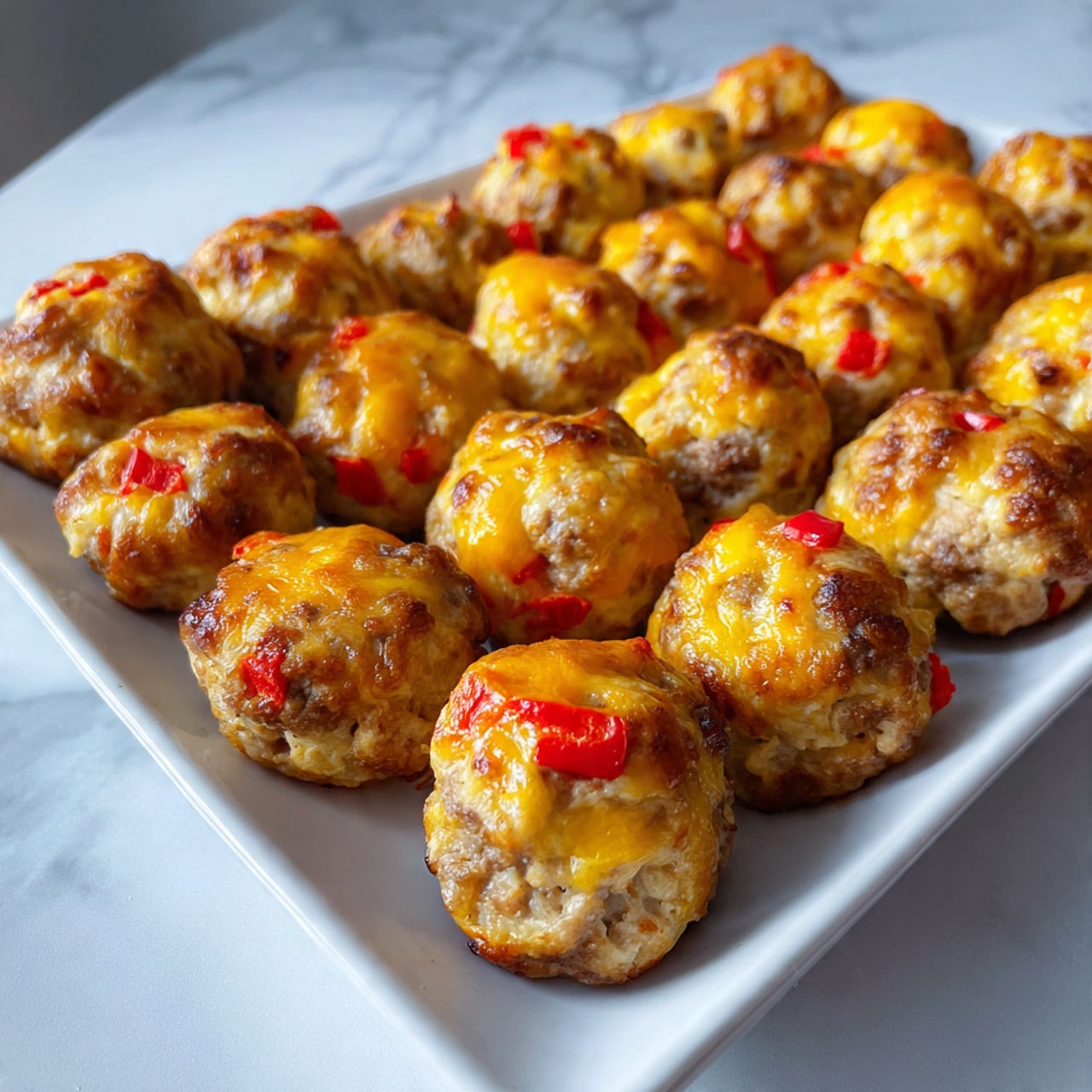 A white tray holds several small, round baked meatballs mixed with visible pieces of red bell pepper and melted yellow cheese on top. Each meatball has a golden-brown crust with varied textures showing bits of meat, cheese, and peppers, creating a mix of brown, red, and yellow colors. The meatballs are arranged in rows on the tray, placed on a white marbled surface. photo taken with an iphone --ar 4:5 --v 7