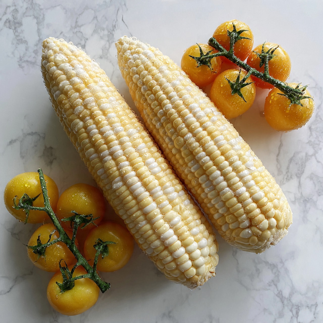 Two ears of corn lie side by side on a white marbled surface, showing rows of pale yellow and white kernels with the stalk ends partially visible. On the left and right sides of the image are small bunches of round, bright yellow tomatoes still attached to green stems, each tomato covered with tiny droplets of water. The overall setting is bright and clean. photo taken with an iphone --ar 4:5 --v 7