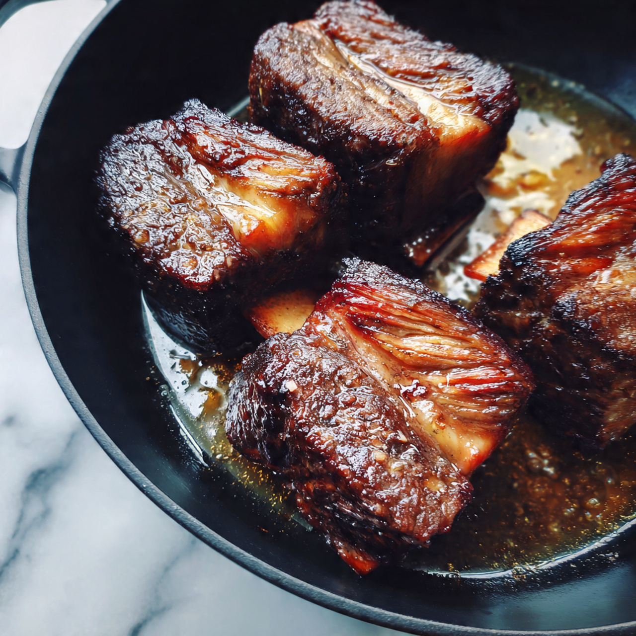 The image shows several pieces of thick, browned meat cooking in a black pan. The meat chunks are square and have a rich, dark brown crust on top with visible searing marks, while the sides are lighter beige with some juiciness. The pan contains some shiny oil that reflects light around the meat. The background is a white marbled texture. photo taken with an iphone --ar 4:5 --v 7