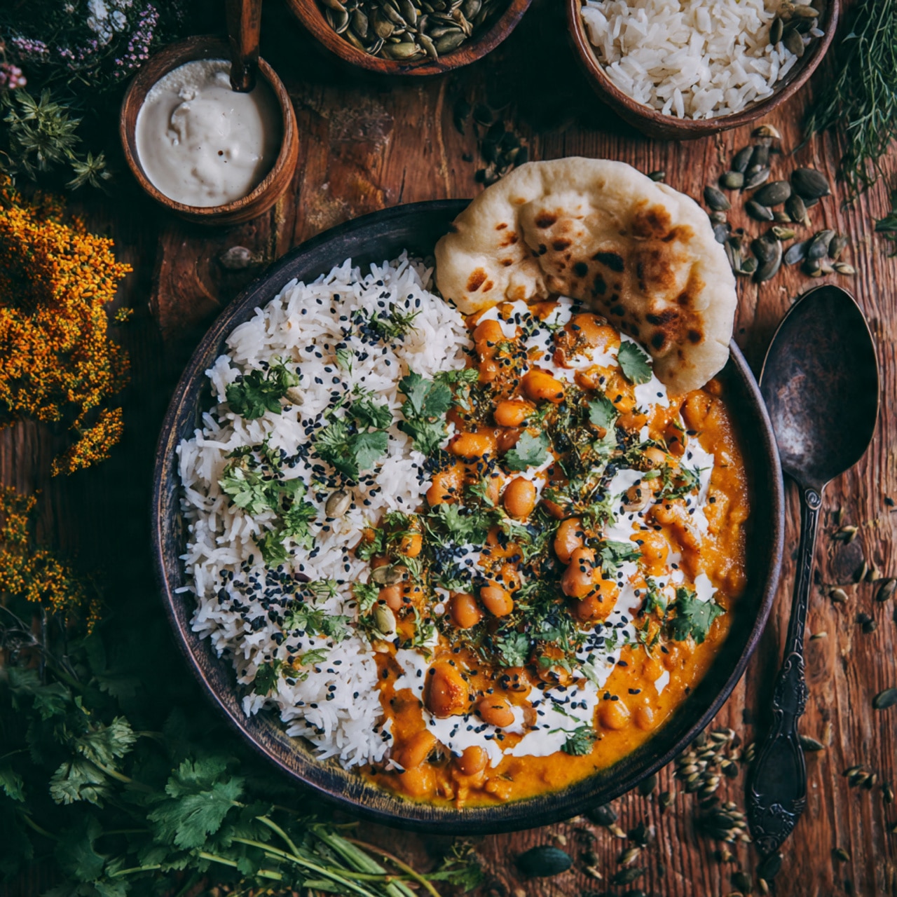 The image shows a close-up of a white bowl filled with three main layers: on the left is fluffy white rice garnished with fresh green cilantro leaves; next to it is a smooth, thick pile of white yogurt with a creamy texture; the largest portion on the right is an orange-brown curry with a rich, slightly shiny sauce, containing white beans and small chunks, topped with scattered black seeds and fresh green cilantro leaves. A piece of light golden flatbread rests on the left edge of the bowl. The bowl is placed on a white marbled surface. Photo taken with an iphone --ar 4:5 --v 7