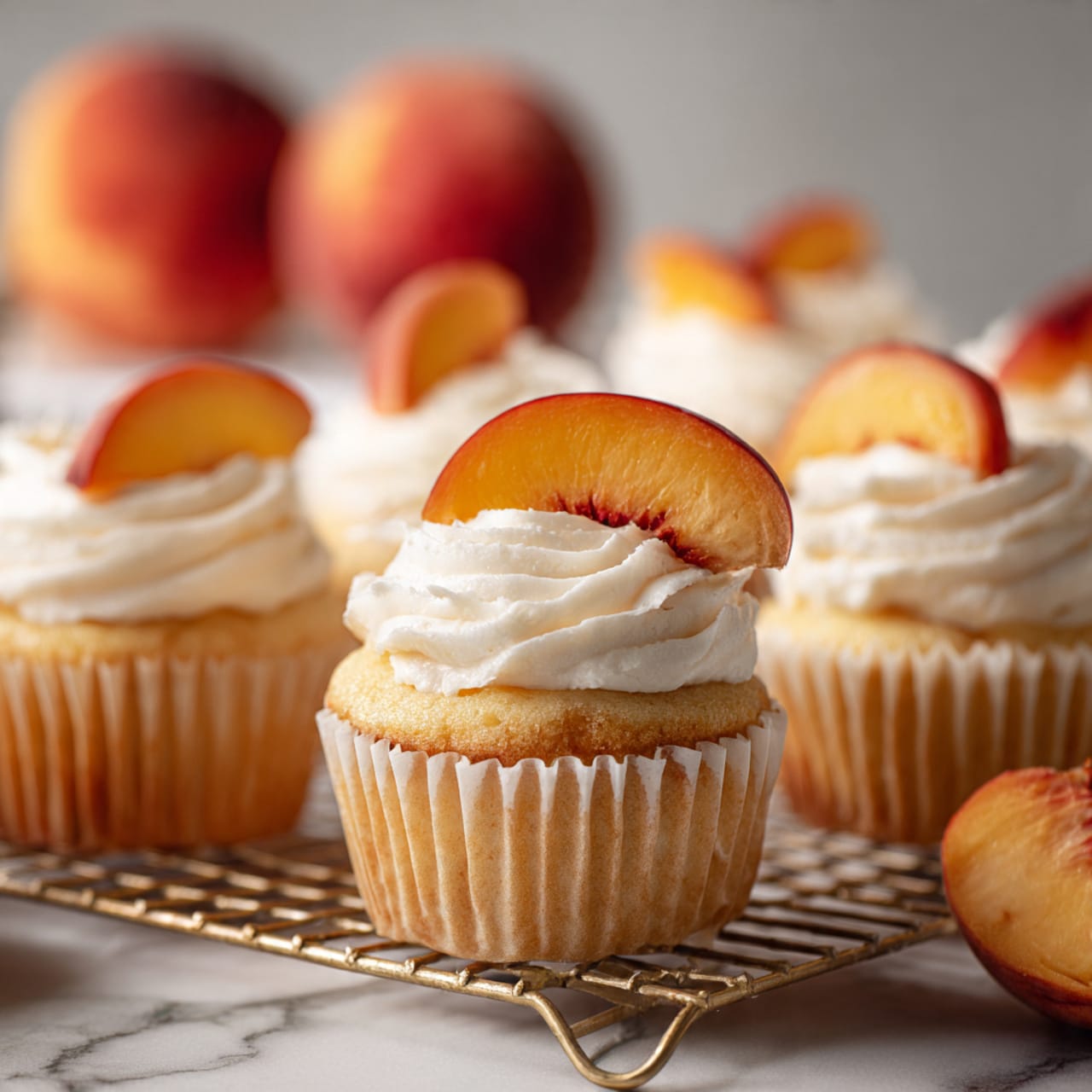 The image shows a group of eight cupcakes arranged on a wire rack over a white marbled surface. Each cupcake has a light golden brown base topped with a thick, smooth layer of creamy white frosting. On top of the frosting is a single slice of peach, diagonally placed to show the peach's soft orange and reddish skin with a slightly fuzzy texture. In the background, there are two whole peaches with a soft red and orange skin color, slightly blurred to keep focus on the cupcakes in the front. photo taken with an iphone --ar 4:5 --v 7