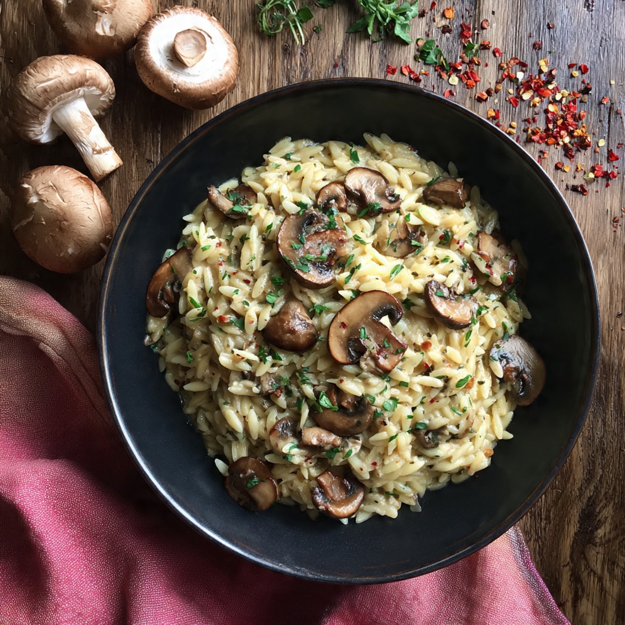 A black round bowl filled with creamy orzo pasta mixed with sliced cooked mushrooms and small bits of herbs scattered on top. The orzo is pale yellow with a smooth texture, while the mushrooms are brown and tender, mixed evenly throughout the dish. Small pieces of green herbs add a fresh look on top. The bowl sits on a brown wooden surface next to whole brown mushrooms and a pink cloth. Some crushed red pepper flakes and crumbs are sprinkled near the bowl. photo taken with an iphone --ar 4:5 --v 7