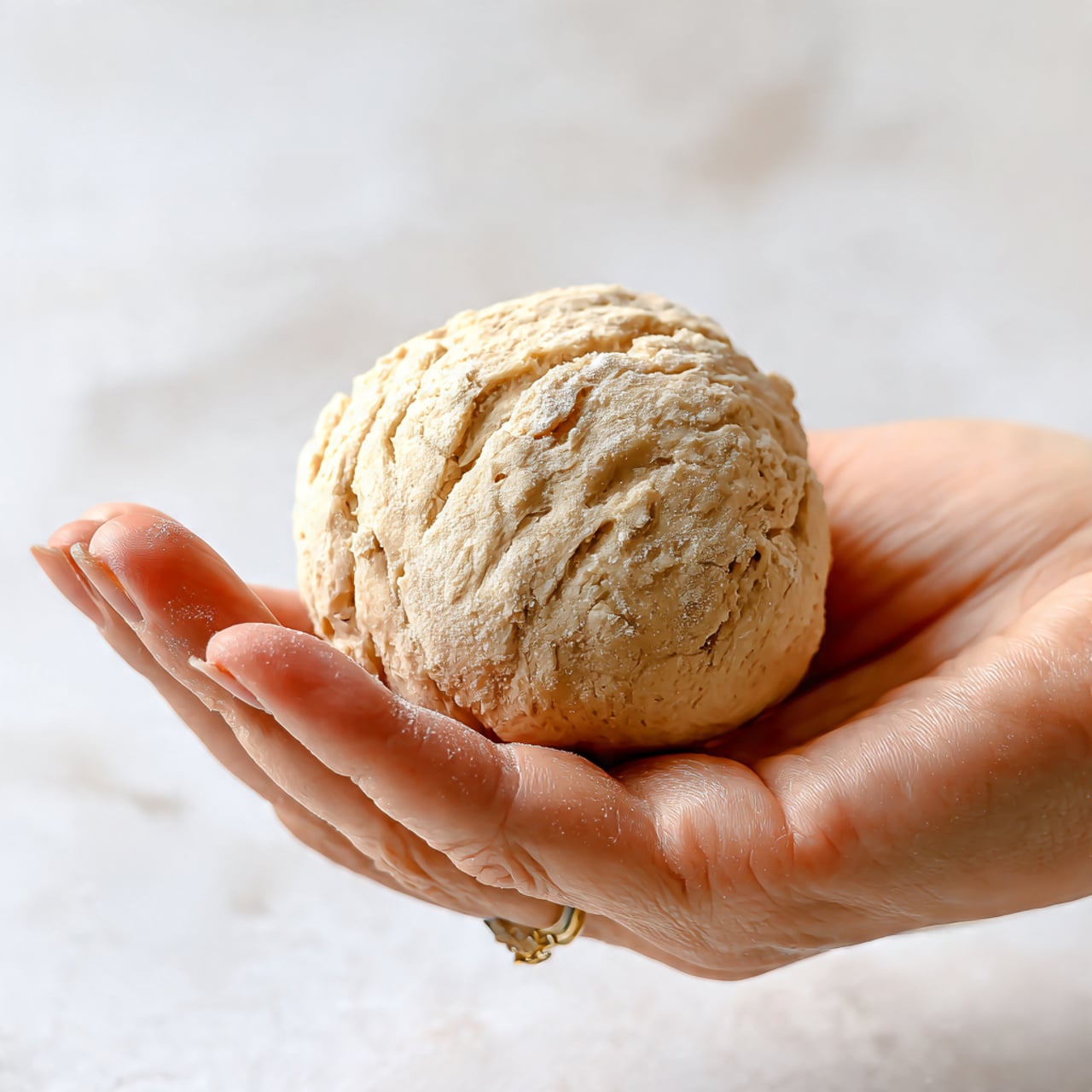 A woman's hand holds a small, round dough ball that is light beige in color, with a slightly rough and flour-dusted surface showing soft creases and uneven texture. The small dough sits gently in the palm, with the fingers carefully wrapped around it, all against a white marbled background with soft, natural light highlighting the delicate details of the hand and dough. photo taken with an iphone --ar 4:5 --v 7