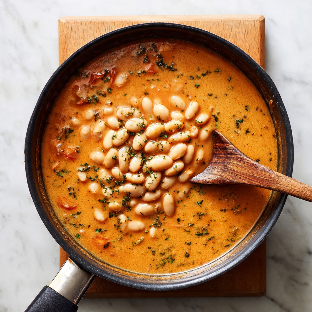 A close-up view of a black pan filled with a thick, creamy orange-brown sauce mixed with green herbs and small tomato pieces, topped with a pile of smooth, light beige beans in the center. To the right side, a wooden spoon rests partially in the sauce, showing some texture and shine. The pan sits on a white marbled surface with a light wooden cutting board beneath it. photo taken with an iphone --ar 4:5 --v 7