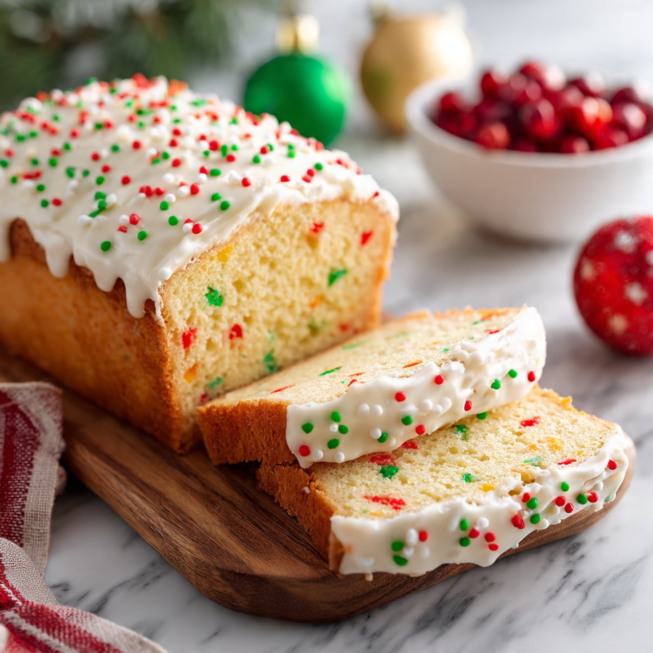 A loaf cake with two slices cut and laid flat in front, showing a soft yellow sponge filled with small red, green, and orange bits inside. The top layer is covered with smooth white frosting sprinkled evenly with red, green, and white small round sprinkles. The cake sits on a brown wooden board placed on a white marbled surface. In the background, there are red and green round Christmas ornaments and a white bowl filled with red berries, softly blurred. Photo taken with an iphone --ar 4:5 --v 7