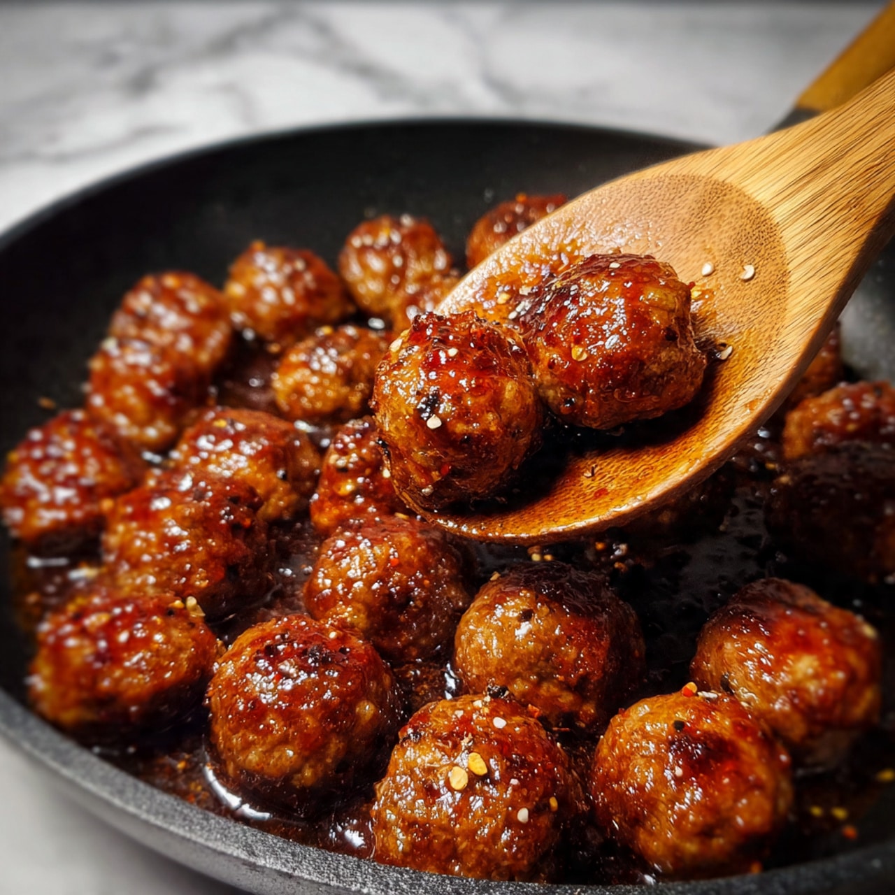 A close-up image showing many small meatballs covered in a shiny, sticky sauce with visible spices. The meatballs are light brown with a slightly rough texture, and some have small red and black specks on them. A wooden spoon is scooping some of the meatballs from a black pan, which contrasts with the glossy meatballs. The background is a white marbled texture. photo taken with an iphone --ar 4:5 --v 7