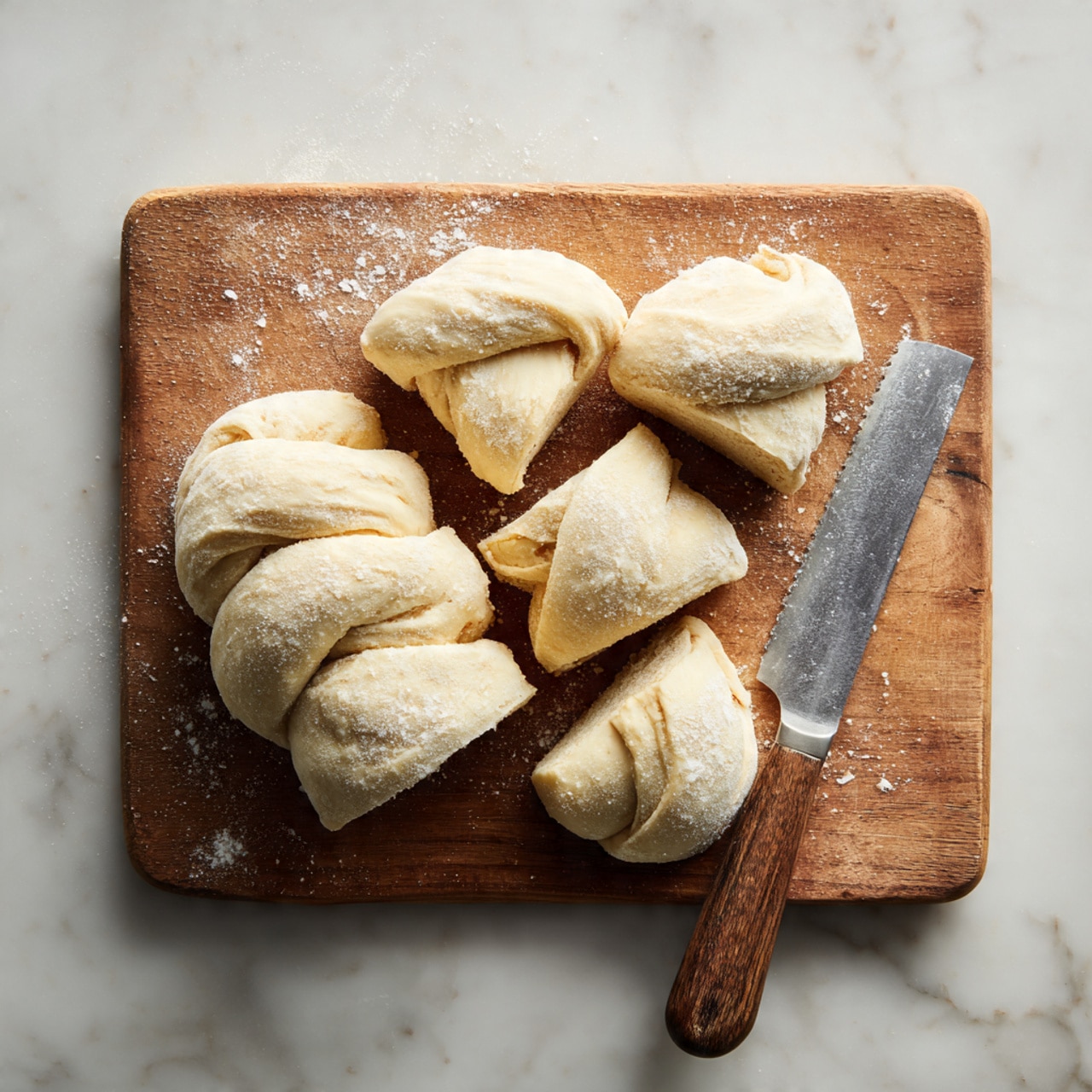 A wooden cutting board with a white marbled texture beneath it holds a piece of dough that is partly cut into six smaller dough pieces. The dough pieces are light beige with a soft, slightly uneven texture and some flour dusting around them. The largest piece is on the left, rounded and uncut, while the six smaller pieces are arranged on the right side, each with a slightly different shape, some more rectangular and others more triangular. In the background, a large shiny cleaver rests near the top edge. The photo taken with an iphone --ar 4:5 --v 7