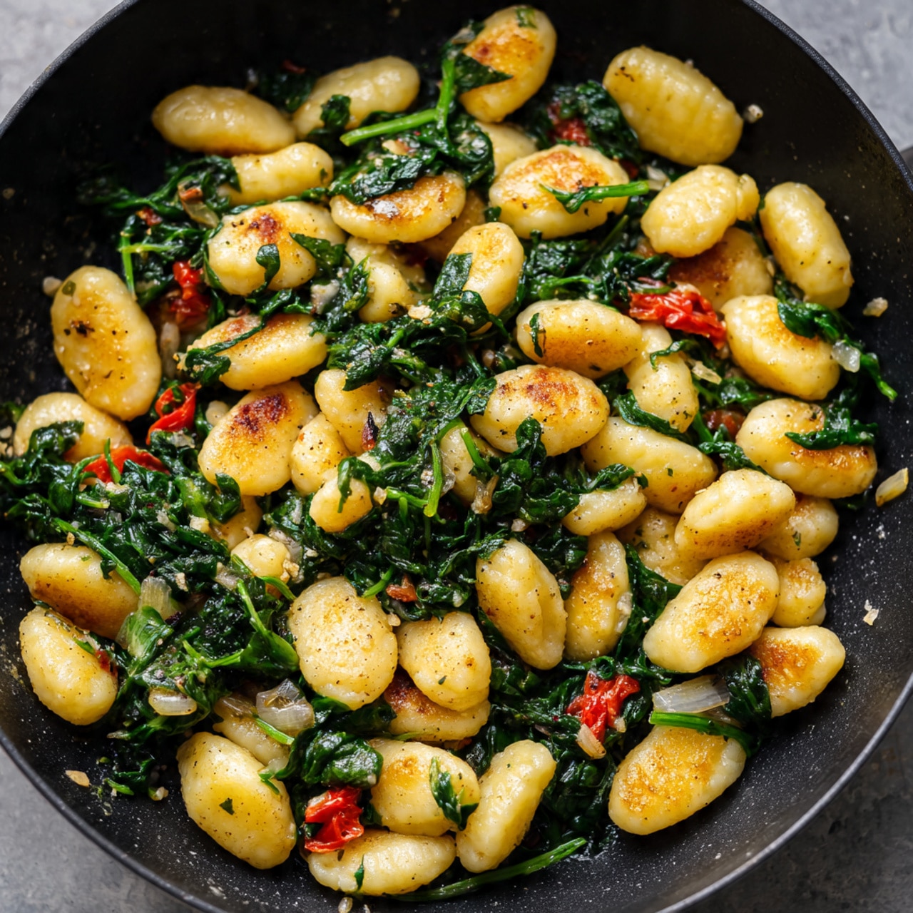 The image shows a close-up of a black pan filled with golden-yellow gnocchi pieces that have a light browned texture on some sides. Interspersed among the gnocchi are fresh, dark green spinach leaves with visible veins and a slight shine, indicating they are cooked but still vibrant. Small bits of red tomato and light brown garlic pieces are scattered throughout, adding contrast and texture. The dish looks freshly cooked with a mix of soft and slightly crispy textures, all resting on the black pan. Photo taken with an iphone --ar 4:5 --v 7