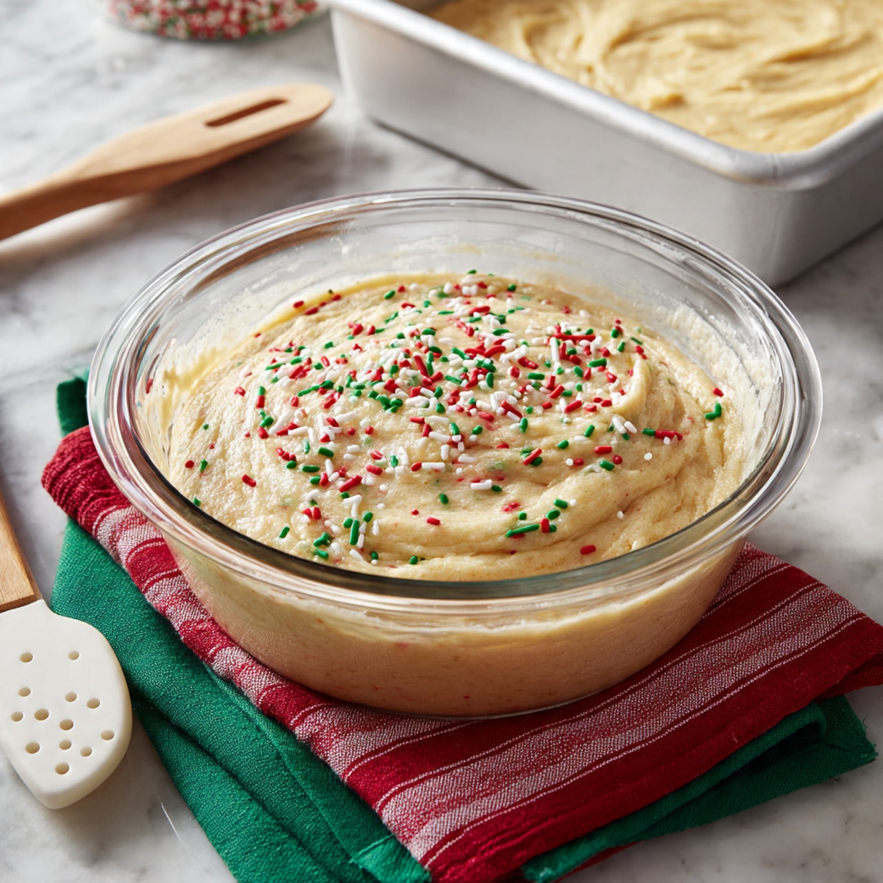 The image shows a clear glass bowl filled with smooth, light yellow batter as the base layer, topped halfway with a mix of red, green, and white sprinkles that add a festive and colorful texture. The bowl is placed on a white marbled surface next to a red and white striped cloth with a green cloth underneath, and a wooden spoon with a white head rests on the cloth. In the upper right corner, there is a white pan with a light batter spread evenly inside. The photo taken with an iphone --ar 4:5 --v 7