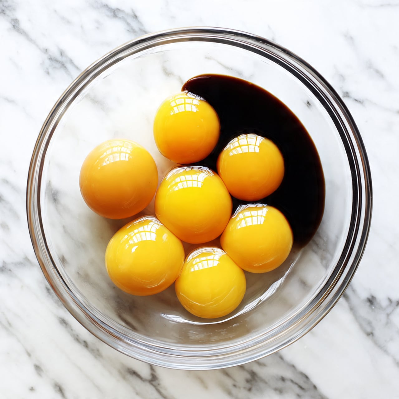 A clear glass bowl sits on a white marbled surface, holding six raw eggs with bright yellow yolks and translucent whites. One side of the bowl contains a pool of brown liquid, likely vanilla extract, which contrasts with the pale yellow of the eggs and the white of the egg whites. The bowl is viewed from above, showing the clear separation between the different elements before mixing. Photo taken with an iphone --ar 4:5 --v 7