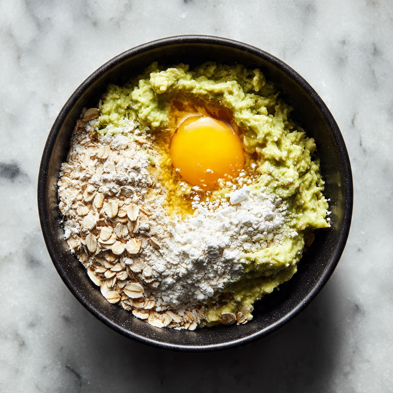 The image shows a close-up of a mixing bowl with three main layers: a thick, smooth, pale green mashed substance forming the base layer, bright yellow liquid egg yolk lying on one side of the bowl, and a pile of light brown rolled oats sprinkled with white flour on top next to the egg yolk. The texture of the green layer looks creamy and soft, while the oats and flour layer appears dry and flaky. The bowl is black and is set on a white marbled surface. photo taken with an iphone --ar 4:5 --v 7