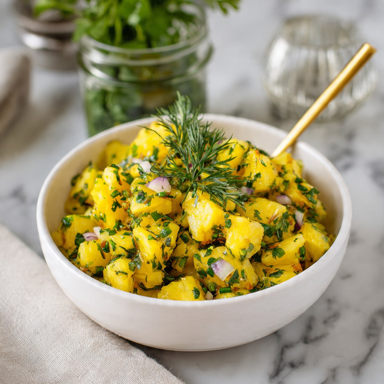 A white bowl holds a salad made of small yellow pineapple chunks mixed with pieces of green herbs and small bits of white onion scattered throughout. Bright green leafy sprigs are placed on top as garnish. A golden spoon rests inside the bowl, positioned on the right side, with its handle extending outside. The bowl sits on a wooden surface, and in the bottom left corner, a glass jar filled with green leafy herbs is visible. The scene is warm and natural, with bright colors standing out against the neutral tones photo taken with an iphone --ar 4:5 --v 7