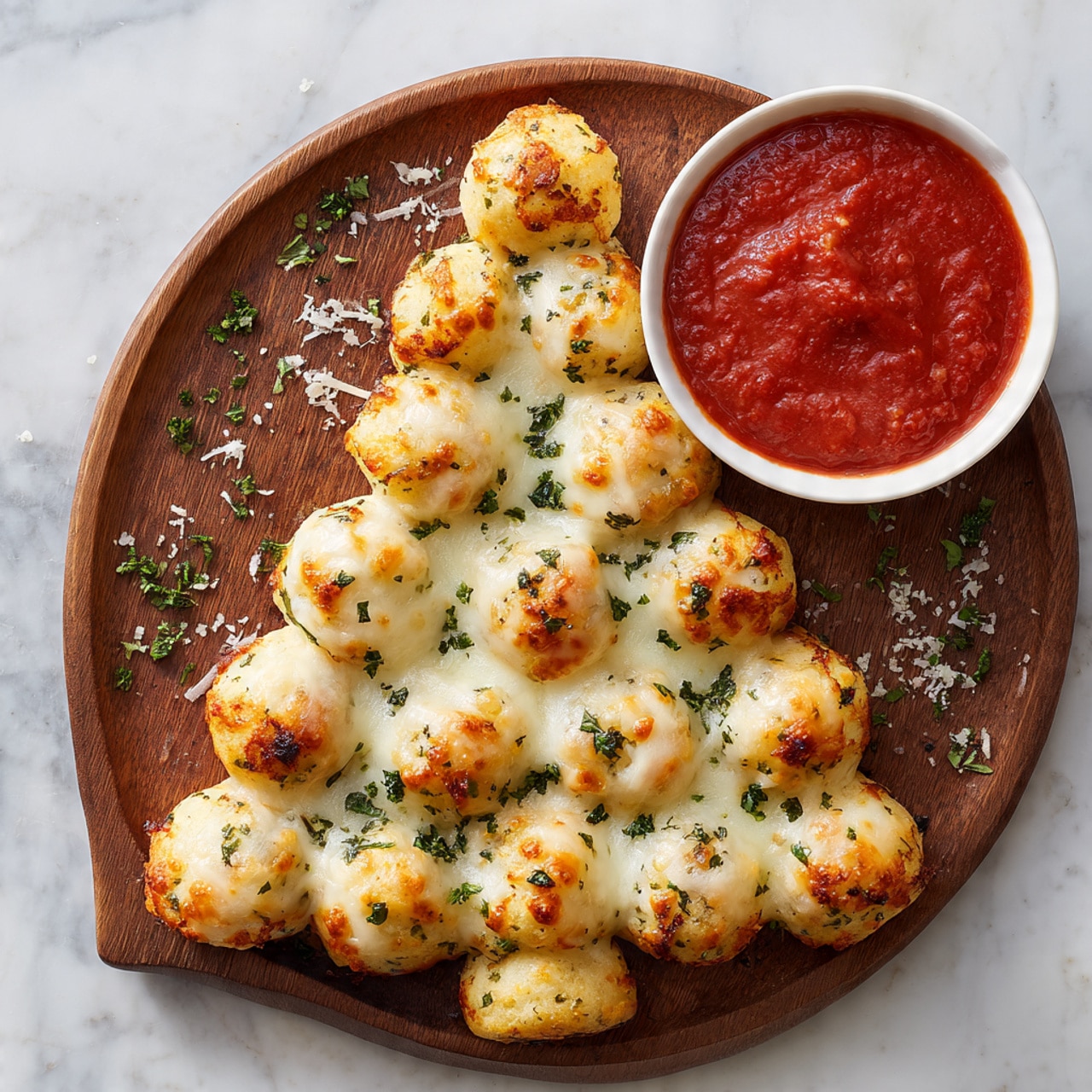 A wooden tray holds a Christmas tree shape made of 28 small golden-brown dough balls, each topped lightly with melted white cheese and green parsley flakes. The dough balls are tightly packed in a triangular form with five layers, starting with one ball at the top, growing to seven at the base. A round white bowl filled with bright red marinara sauce sits at the top right corner of the tray. Some scattered cheese and parsley bits decorate the tray around the dough balls, all placed on a white marbled surface. photo taken with an iphone --ar 4:5 --v 7