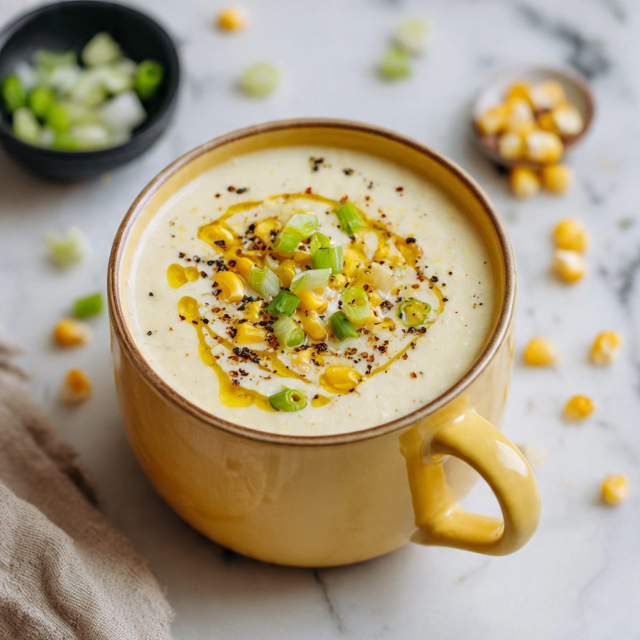 A creamy, pale yellow soup is served in a round yellow cup with a handle, topped with small pieces of bright yellow corn, green chopped green onions, and a drizzle of light golden oil, with a sprinkle of black pepper. The cup is placed on a white marbled surface scattered with a few corn kernels and green onion rings. To the left, there is a small black bowl filled with green onion slices, and a beige cloth napkin lies to the right. The scene is bright and clean, showing a fresh and inviting dish. photo taken with an iphone --ar 4:5 --v 7