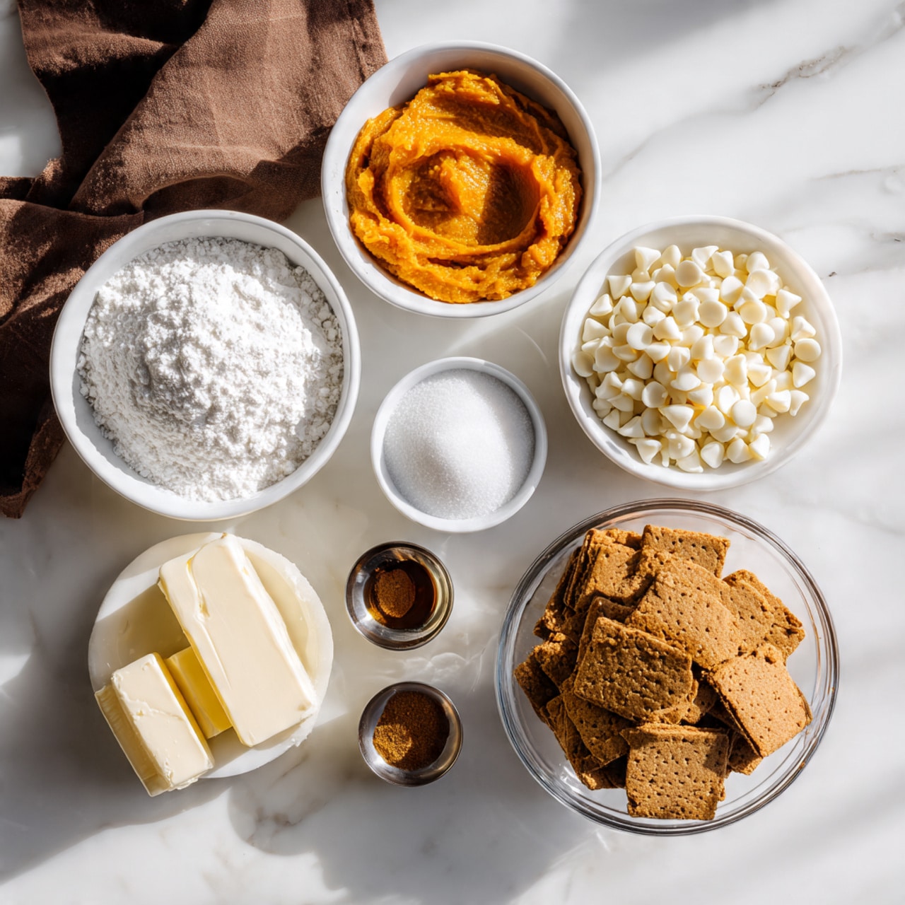 The image shows various baking ingredients placed on a surface with a white marbled texture. There is a clear glass bowl filled with light brown crushed graham crackers positioned at the bottom right. Next to it, on the left, is a white bowl filled with white chocolate chips. Above that, another white bowl holds smooth orange pumpkin puree. At the top center, there is a white bowl filled with white powdered sugar. Several small metal cups hold butter, cinnamon, vanilla extract, and salt. A silver block of cream cheese wrapped in paper is placed at the top left corner. A brown cloth is partially visible in the top left corner. Photo taken with an iphone --ar 4:5 --v 7