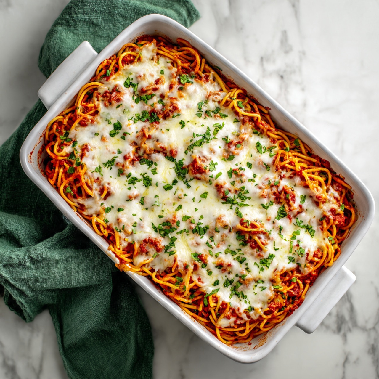 A white rectangular baking dish filled with baked spaghetti, showing a thick layer of orange pasta mixed with red tomato sauce at the bottom. On top, there is a generous layer of melted white cheese with a soft, slightly stringy texture spread evenly across the surface. Scattered small green fresh herb leaves add a touch of color contrast on top of the cheese. The dish is set on a white marbled surface with a green cloth partially visible to the left. photo taken with an iphone --ar 4:5 --v 7