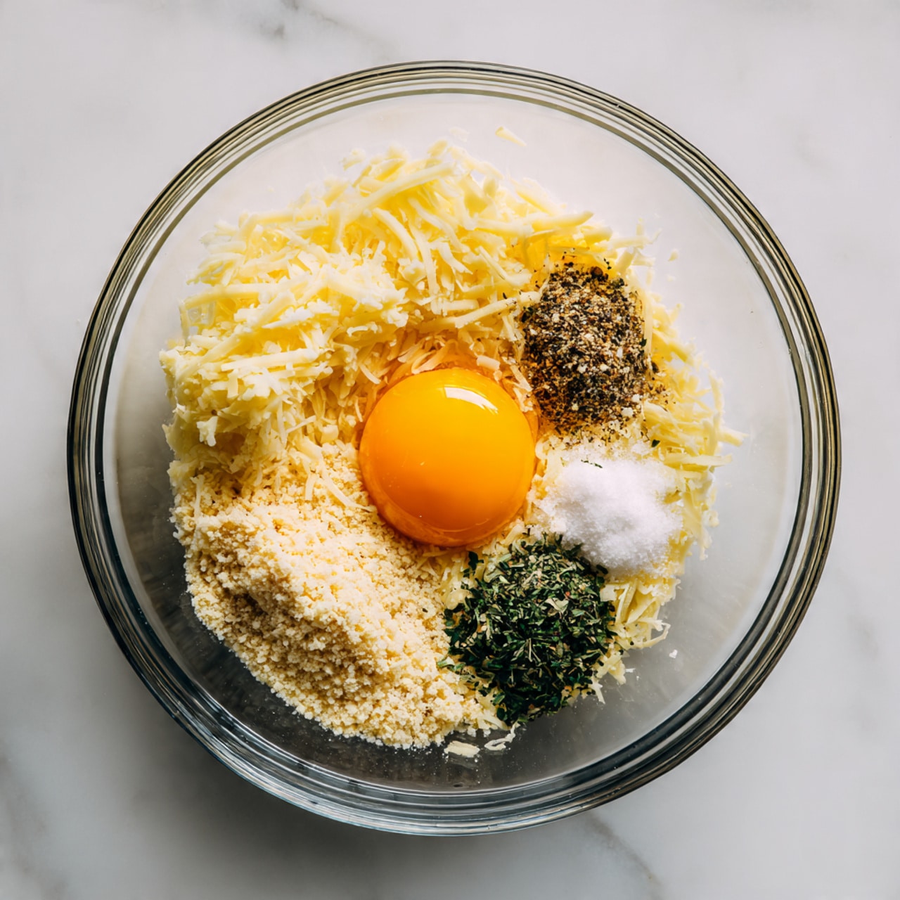 A clear glass bowl sits on a white marbled surface, filled with layers of ingredients. On one side, there is a mound of pale yellow grated cheese with a soft, curly texture. Next to it is a bright orange raw egg yolk with a smooth shiny surface, partially surrounded by the egg white. To the right, a large pile of fine, light beige breadcrumbs fills the space. Three small piles of spices sit on top of the cheese: a mound of finely ground black pepper, a heap of white salt, and a pile of greenish dried herbs with a rough texture. The layers and colors stand out clearly inside the transparent bowl. photo taken with an iphone --ar 4:5 --v 7