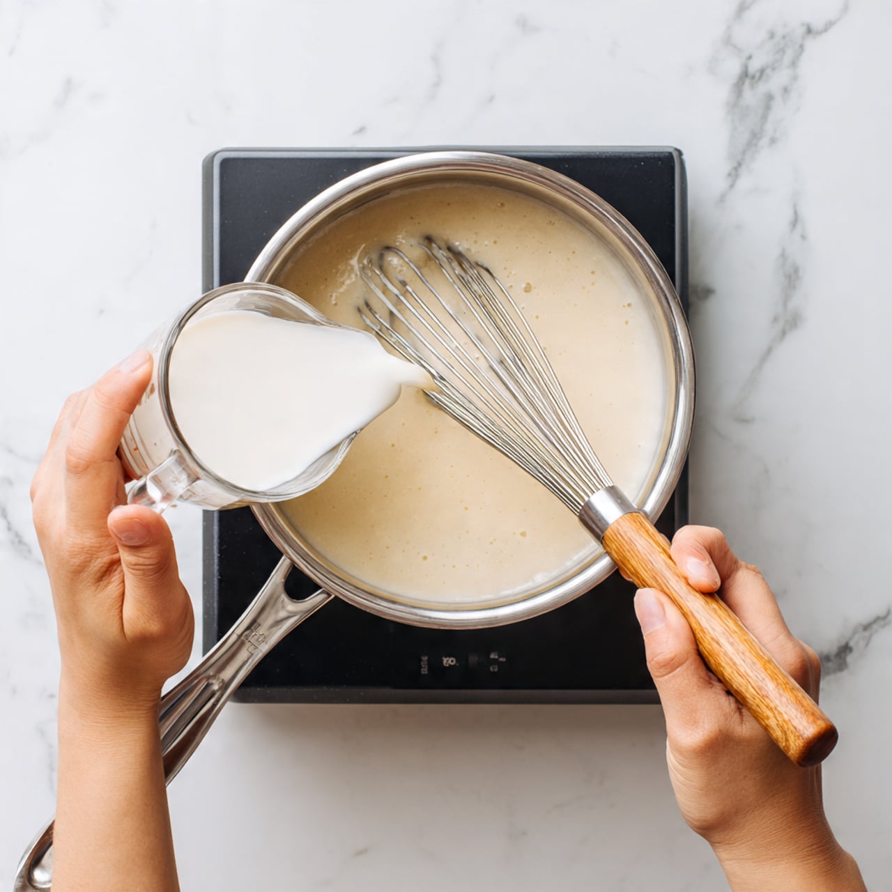 A close-up image shows a woman's hand pouring a white liquid from a clear measuring cup into a silver pot filled with a creamy light beige mixture. Another woman's hand is using a whisk with a light wooden handle to stir the mixture in the pot. The pot is placed on a black stovetop, and the background is a white marbled surface. The liquid and the mixture in the pot are foamy with a smooth texture. Photo taken with an iphone --ar 4:5 --v 7