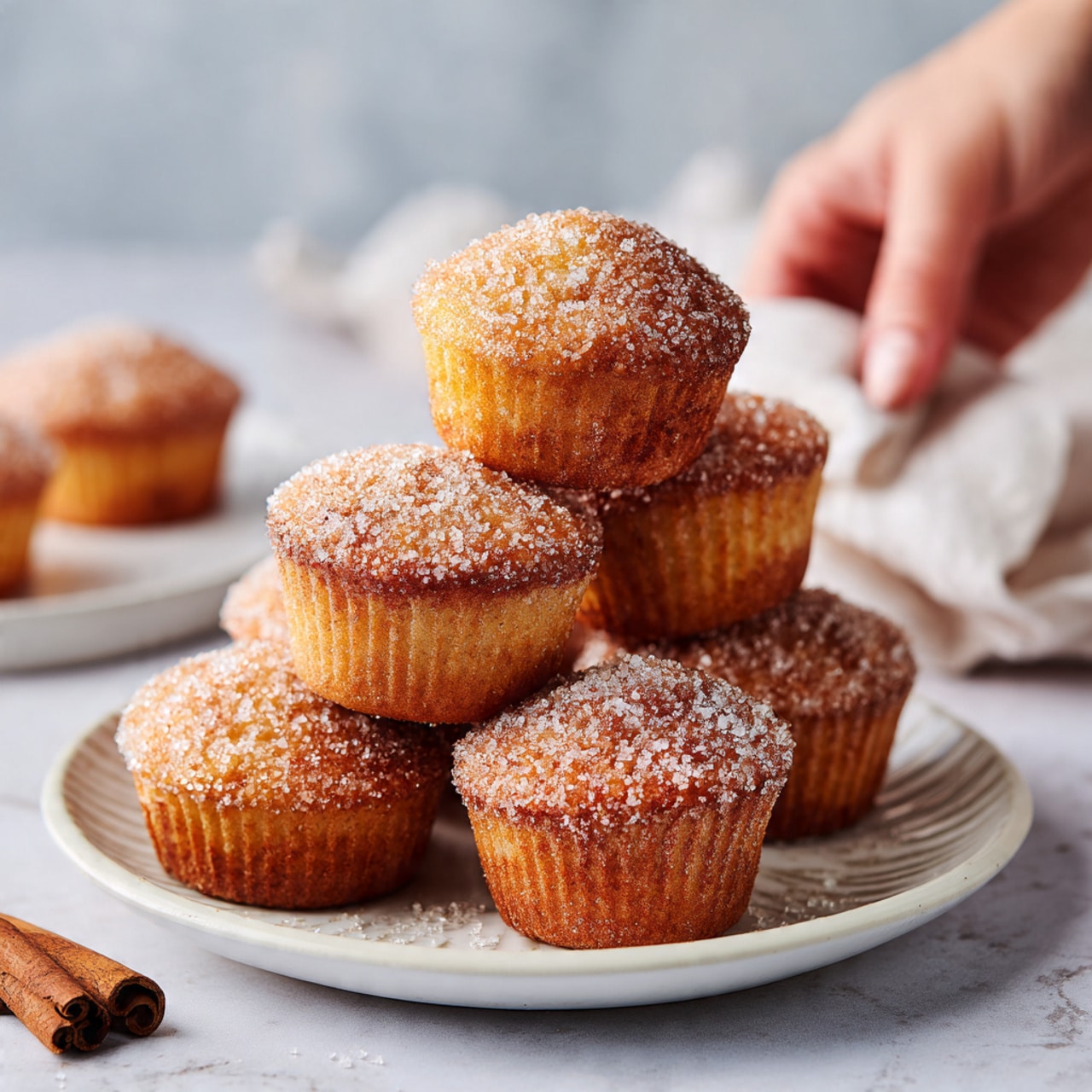 The image shows a small stack of golden brown muffins coated with sugar crystals that sparkle slightly. There are six muffins in total, arranged on a white plate with textured lines. The muffins have a rough, slightly crunchy texture with rounded tops that are darker than the sides. A cinnamon stick lies near the plate on a white marbled surface. In the background, a woman's hand holds a white napkin. The light is soft, creating gentle shadows and highlighting the sugary coating on the muffins. photo taken with an iphone --ar 4:5 --v 7