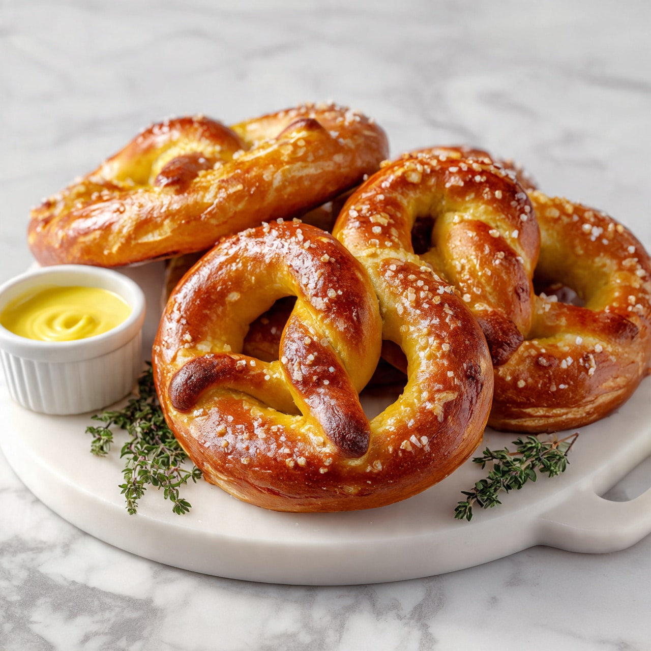 The image shows four golden-brown soft pretzels with a shiny, slightly crispy texture and visible salt flakes on top, piled on a round white plate with a handle. Next to the pretzels, on the same plate, there is a small white ramekin filled with smooth, creamy yellow mustard sauce. The plate is placed on a white marbled surface, and some small green herb sprigs are scattered around the pretzels for garnish. photo taken with an iphone --ar 4:5 --v 7