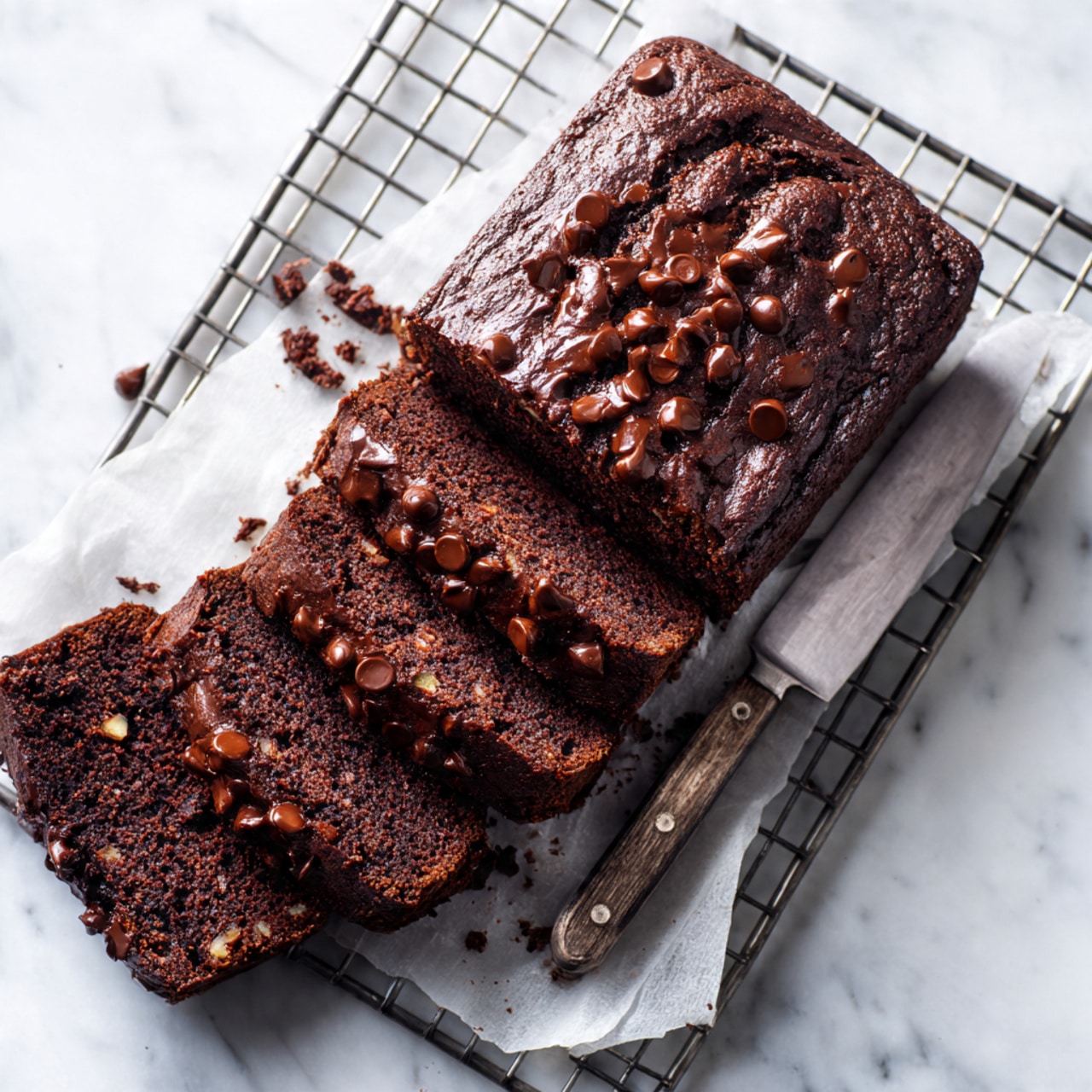 Two thick, dark chocolate brownies sit on a white plate with a thin golden rim, each piece showing a dense, moist texture with small chocolate chips inside. One brownie is whole, sprinkled with coarse salt flakes on top, while the second has a bite taken out and rests next to a small knife with a light brown wrapped handle and a bright silver blade. The plate is on a white marbled surface scattered with a few loose chocolate chips and crumbs, and in the corner, a wire rack holds more brownies on a white parchment paper. Photo taken with an iphone --ar 4:5 --v 7