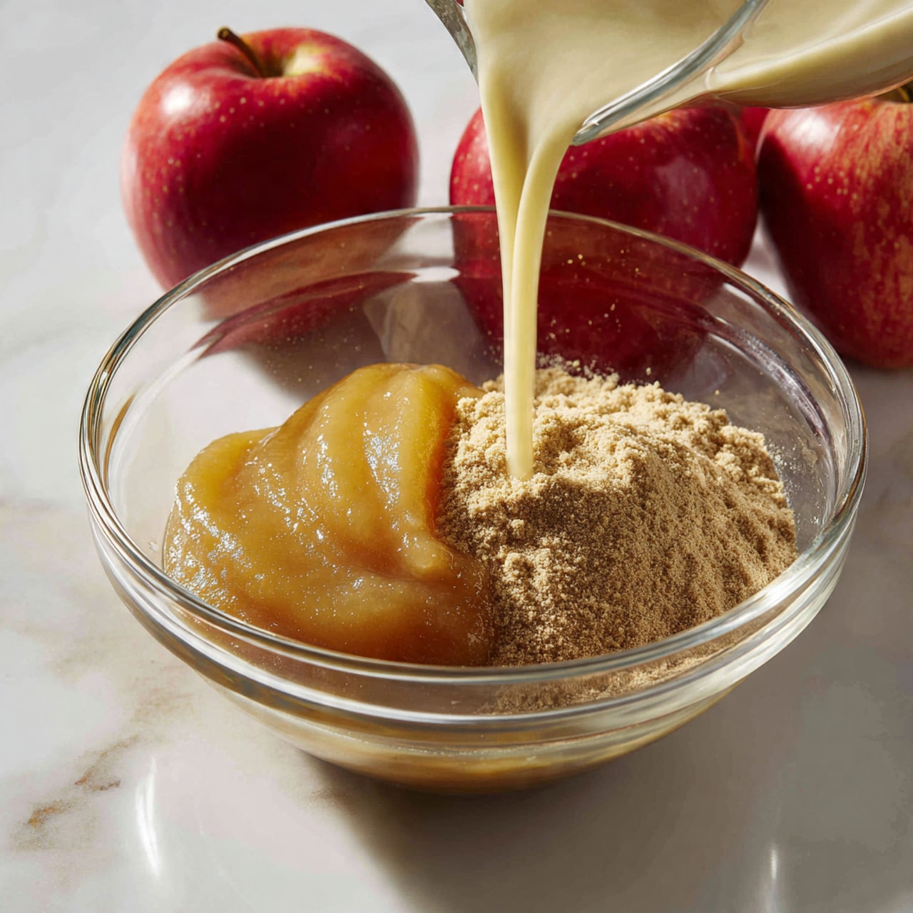 The image shows a clear glass bowl placed on a white marbled surface with three bright red apples in the background on the left. Inside the bowl, on the left side, there is a thick layer of smooth, golden apple sauce with a shiny texture. On the right side, there is a heap of light brown powder. A creamy beige liquid is being poured from a jug into the bowl on top of the apple sauce and powder mix, creating a swirling pattern where it lands. The light softly reflects off the glass bowl and the layers inside. photo taken with an iphone --ar 4:5 --v 7