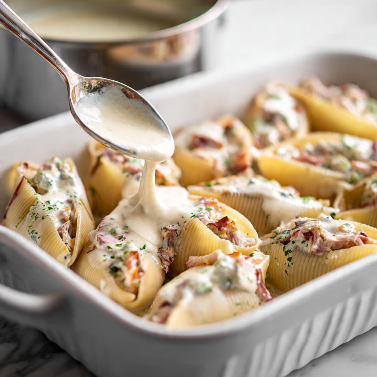The image shows a white rectangular baking dish filled with large pasta shells arranged closely in rows. Each shell is stuffed with a mixture that looks like shredded light pink meat mixed with small bits of green and orange, possibly herbs and vegetables. A woman's hand is holding a spoon, pouring creamy white sauce unevenly over the shells. The white sauce is smooth and thick, covering parts of the filling but leaving some visible. The dish is set on a white marbled surface, and there is a metal pot with more white sauce in the background. photo taken with an iphone --ar 4:5 --v 7